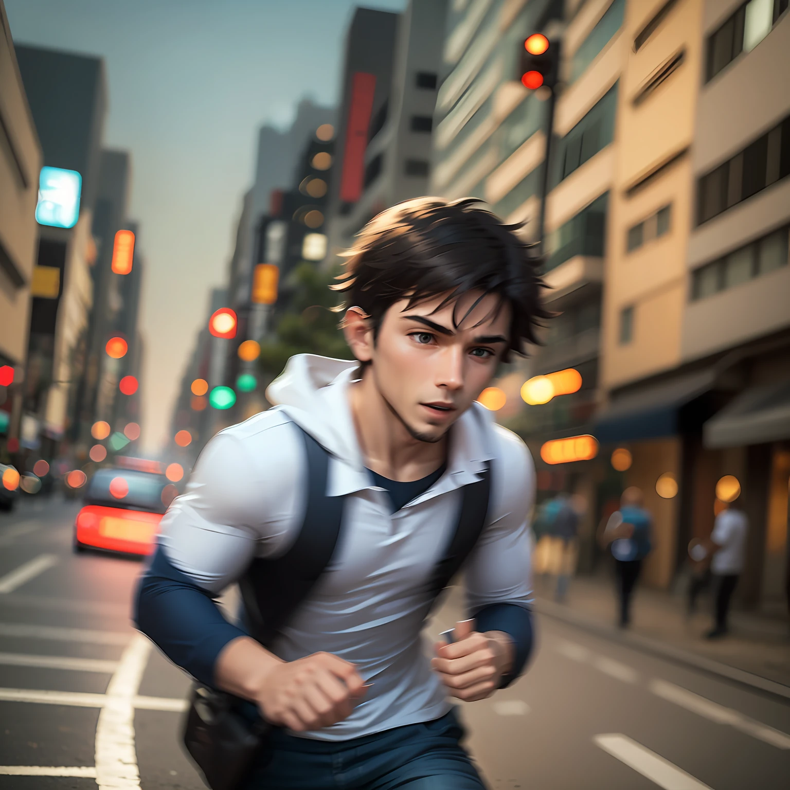a man jumping with a briefcase is running across the sky, smiling face, Brown hair, wearing an off-white top, dark blue pants, emotive body language, as a lego figurine, Mini figure style, side --v 5 --auto