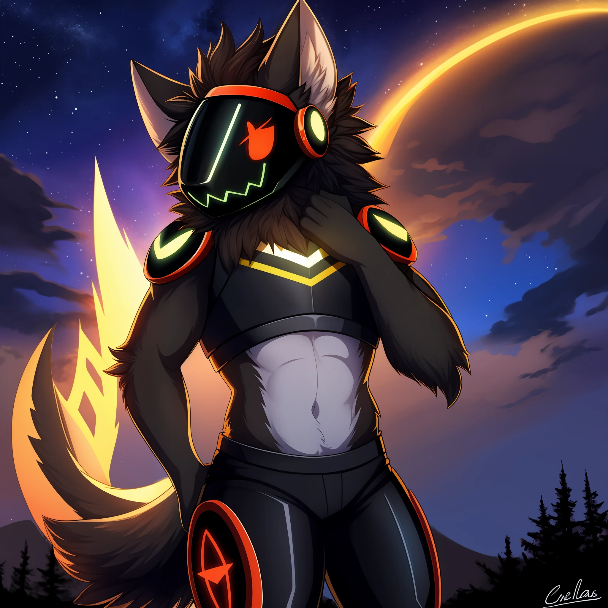 Protogen, pelaje negro y ojos rojos, pelaje suave, cuerpo detallado, pose de pelea, sosteniendo una espada, cielo oscuro, estrellas, anochecer