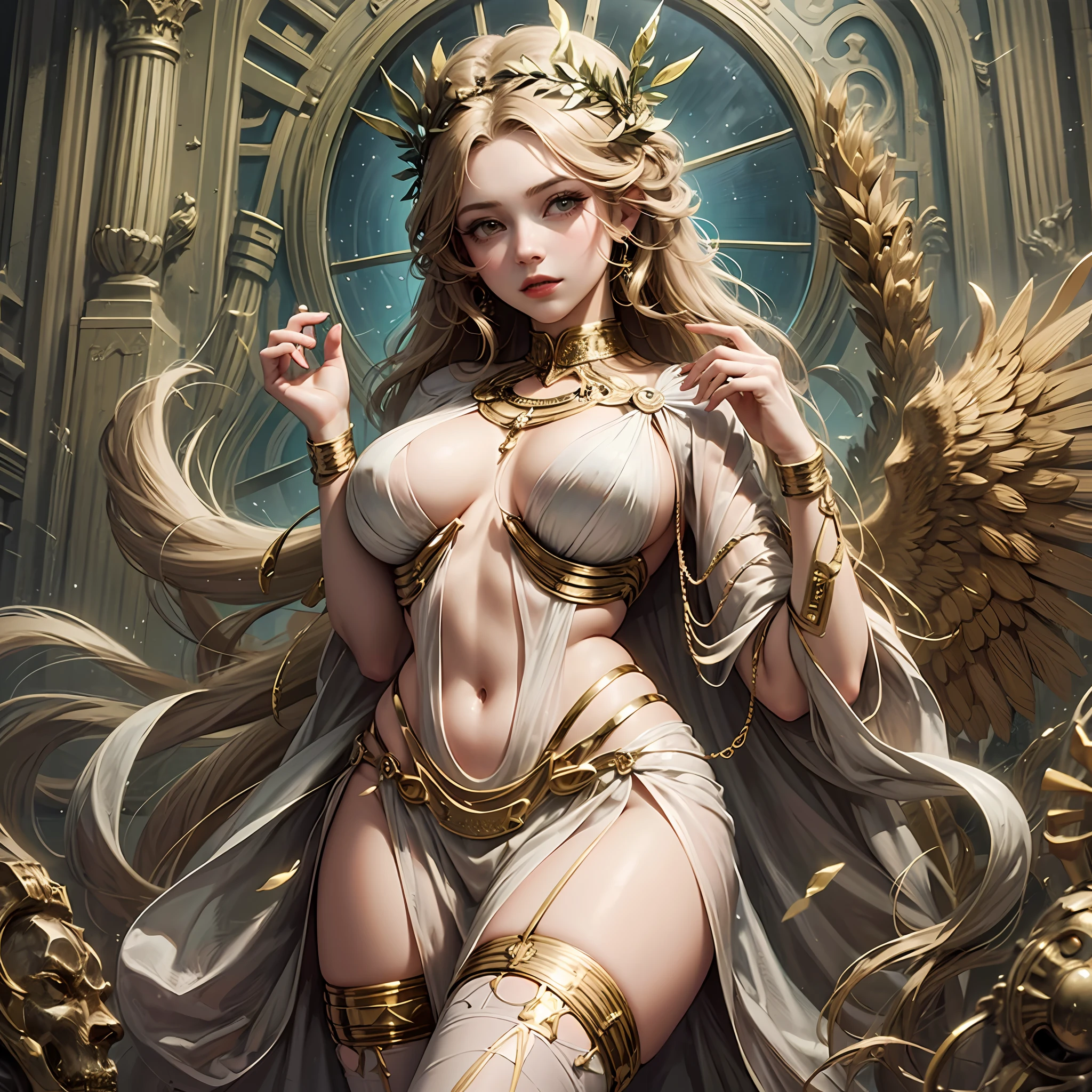1girl huge large breasts,Greek goddess,Vi delicate and beautiful face,golden hair,Various hairstyles,Garland crown,voluptuous breasts,Convex buttocks,greek clothes,Tulle covers the breasts,perfectly proportioned, Detailed clothing details,Temple,marble,god statue,World Tree,Cinematic lighting, filmgrain, Fujicolor, lightand shade contrast, 8K, 巨作, Textured skin, Super detail, high detailing, High quality, A high resolution,