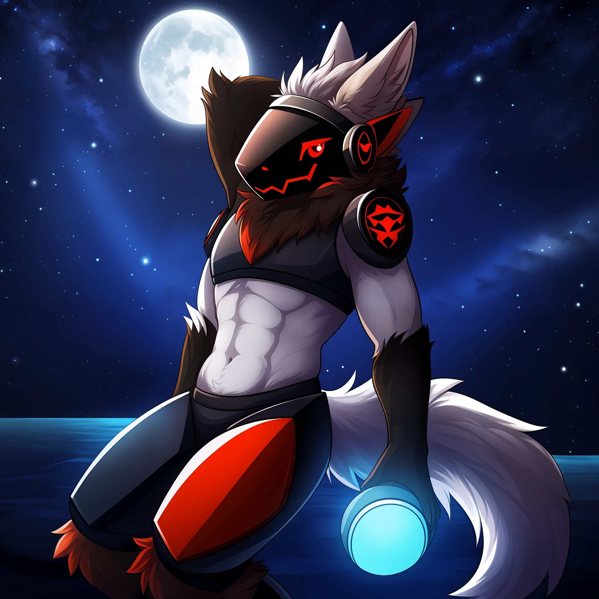 Protogen, pelaje ????? y ojos rojos, pelaje suave, cuerpo detallado, pose de pelea, sosteniendo una espada, cielo oscuro, estrellas, anochecer