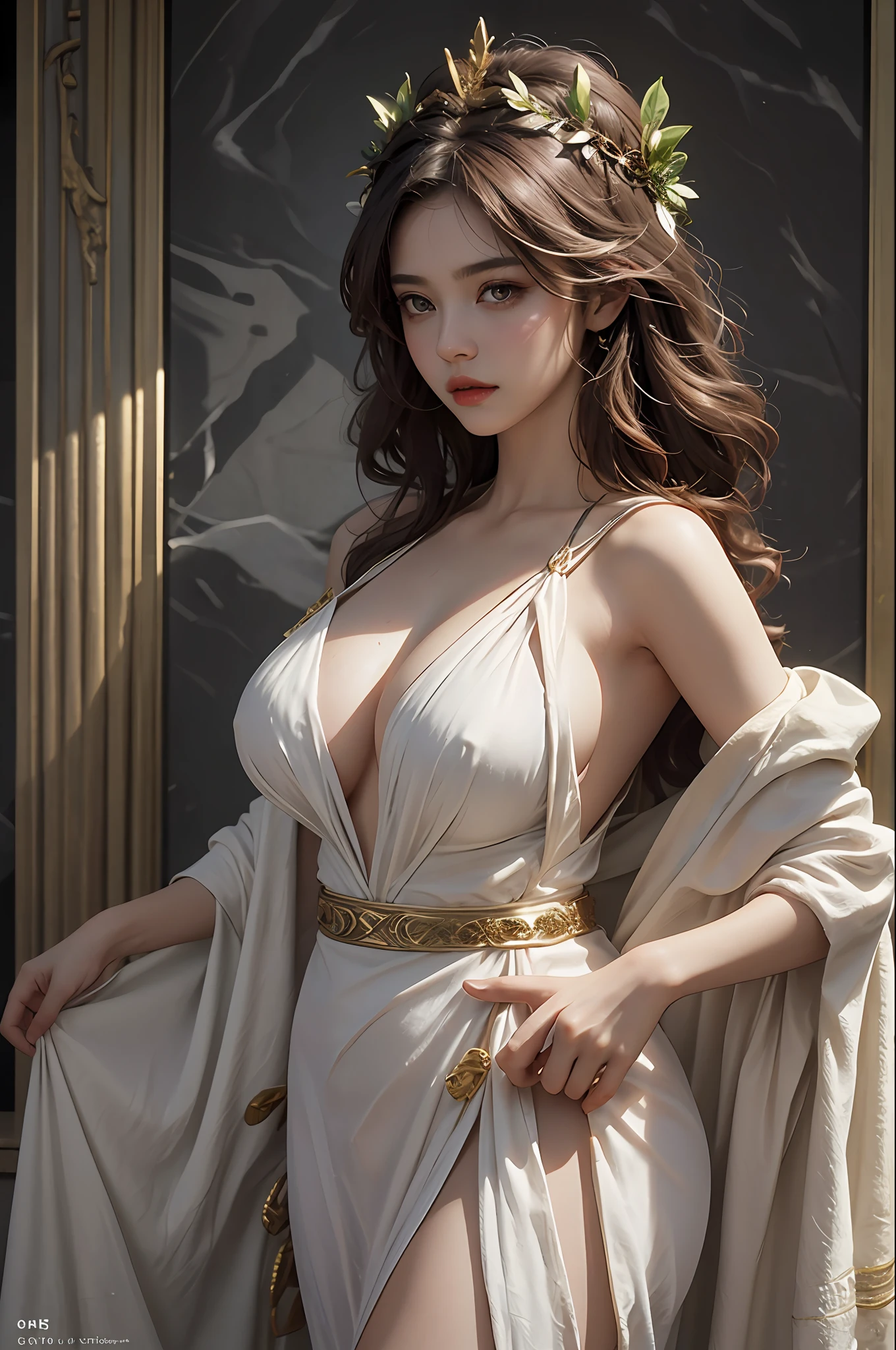 1girl huge large breasts,Greek goddess，Vi delicate and beautiful face,golden hair，Various hairstyles，Garland crown，voluptuous breasts，Convex buttocks，greek clothes，Tulle covers the breasts，perfectly proportioned, Detailed clothing details,Temple，marble，god statue，World Tree，Cinematic lighting, filmgrain, Fujicolor, lightand shade contrast, 8K, 巨作, Textured skin, Super detail, high detailing, High quality, A high resolution,