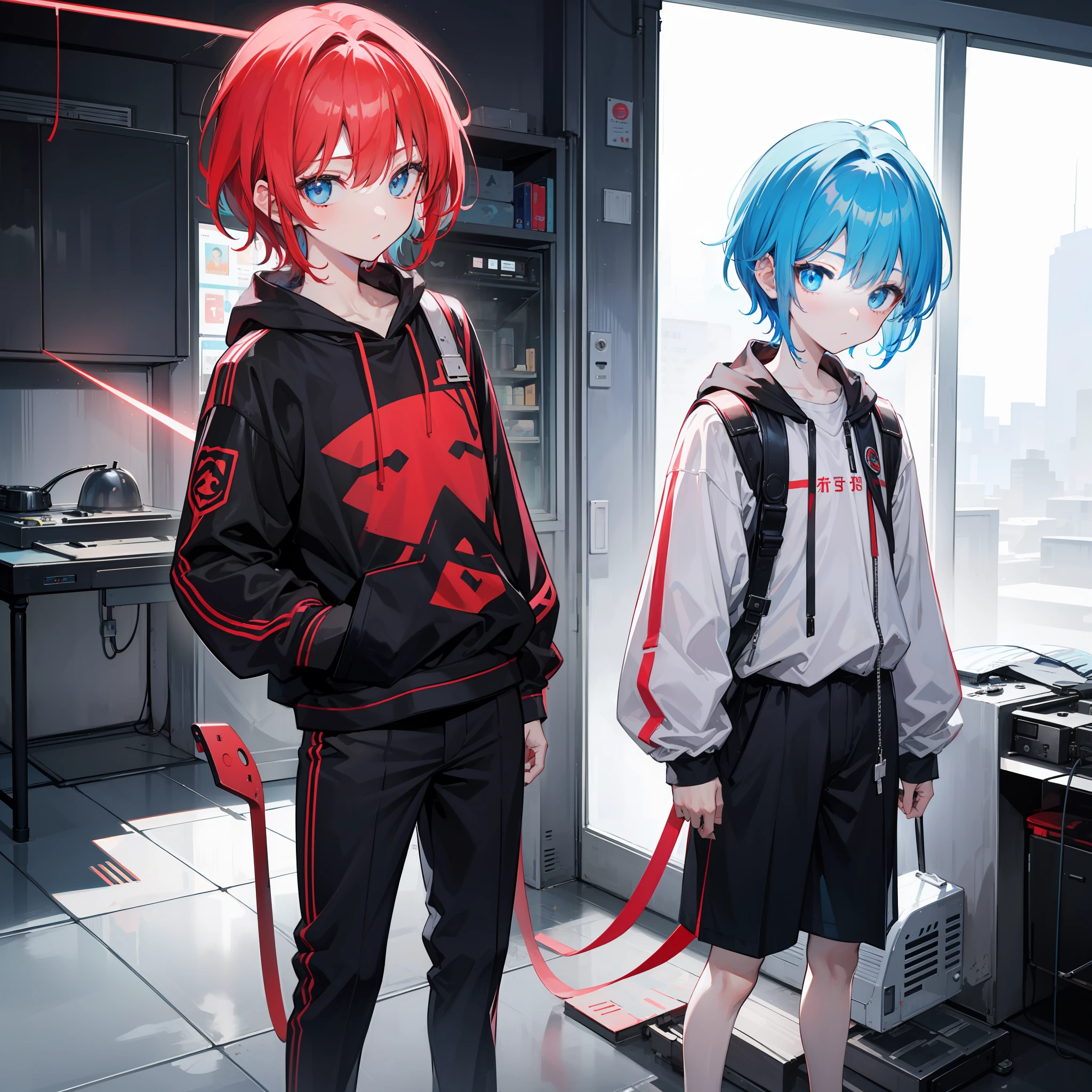 14 years,Two Boys,Shota,petite figure、buttle,The highest image quality,realisitic、in 8K,Red hair color、Light blue hair color、Laser beam
