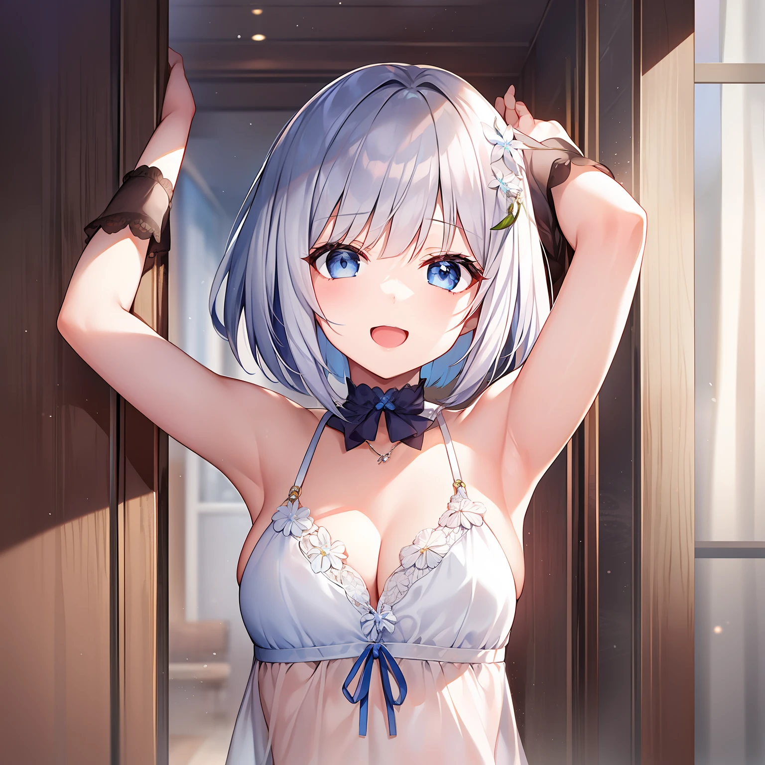(巨作)8k解像度、最好质量、Girl with open arms and joy、Silver short bob hair、Ash blue eyes、18Old Beautiful Girl、Very delicate body、