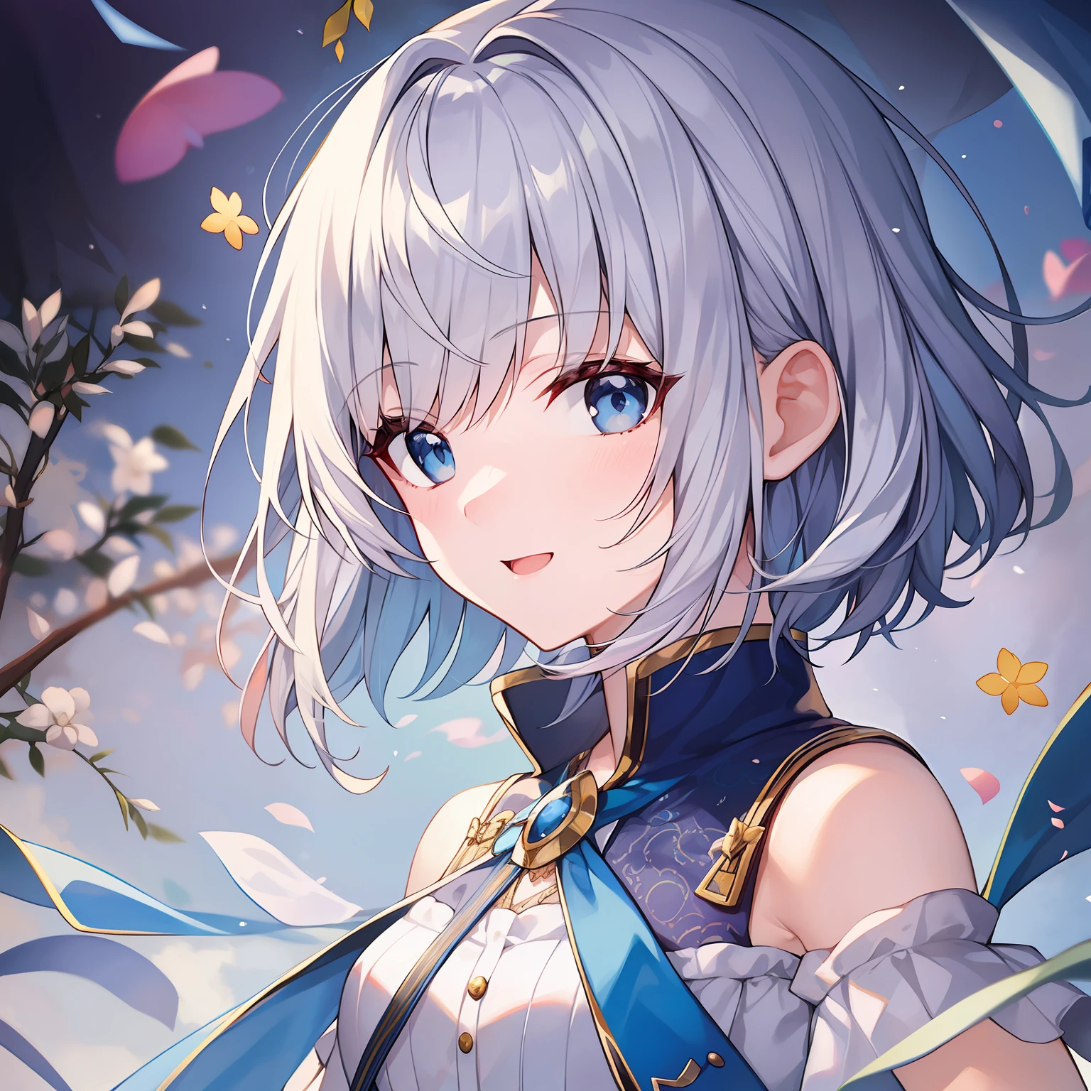 (巨作)8k解像度、最好质量、Girl with open arms and joy、Silver short bob hair、Ash blue eyes、18Old Beautiful Girl、Very delicate body、