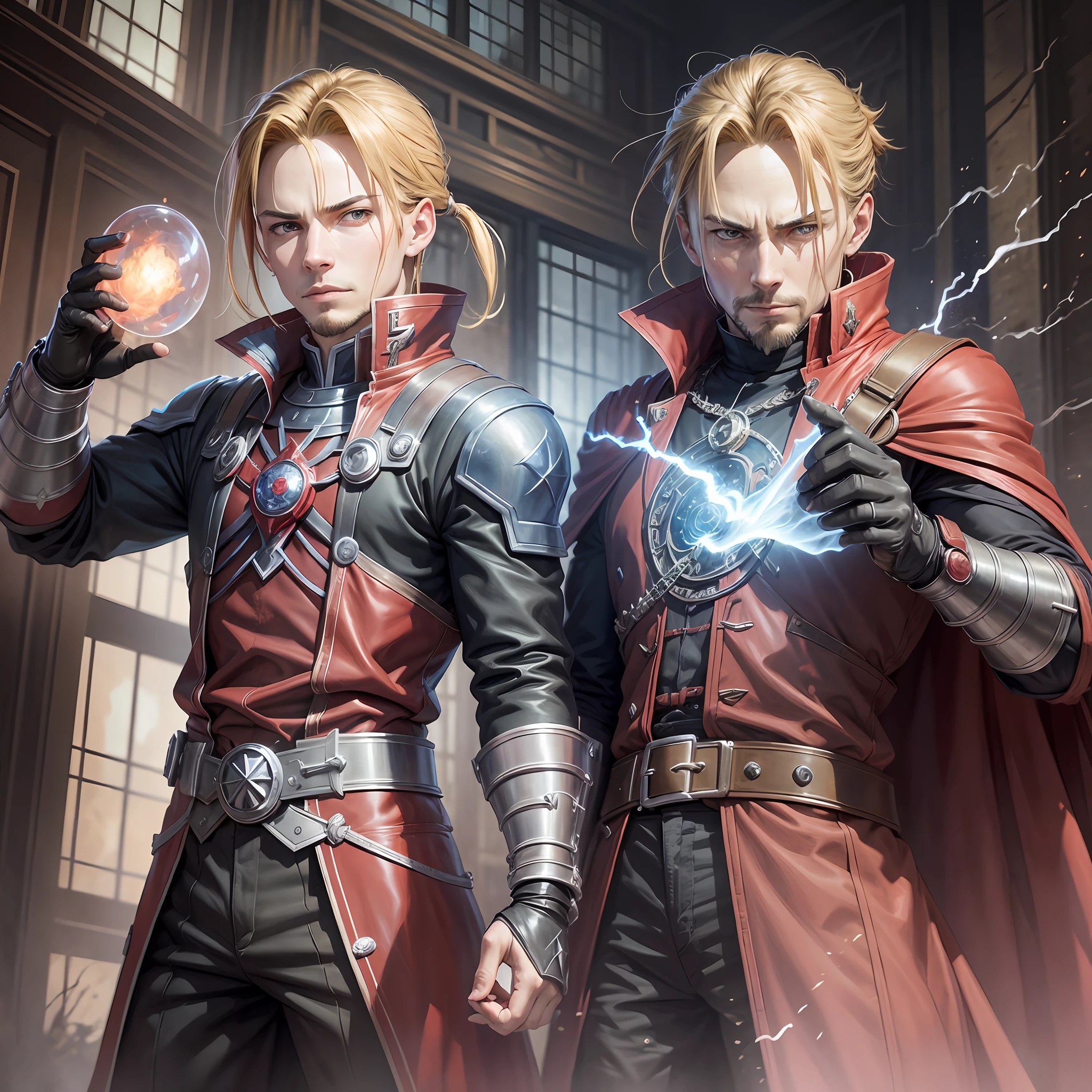 Character combination: Edward Elric (Fullmetal Alchemist) + Dr. Strange (Marvel) Characterization: Edward will be wearing his black alchemist outfit with his red glove and will be wielding his Alchemy sword. Dr. Strange will be wearing his Sorcerer Supreme costume with his red cape and will be holding his spell book. The scenery will be a landscape of mountains with a bright aurora borealis in the background. The painting will be in 4k with vibrant and realistic colors, using the technique of oil painting on canvas, with dynamic lighting. --auto --s2