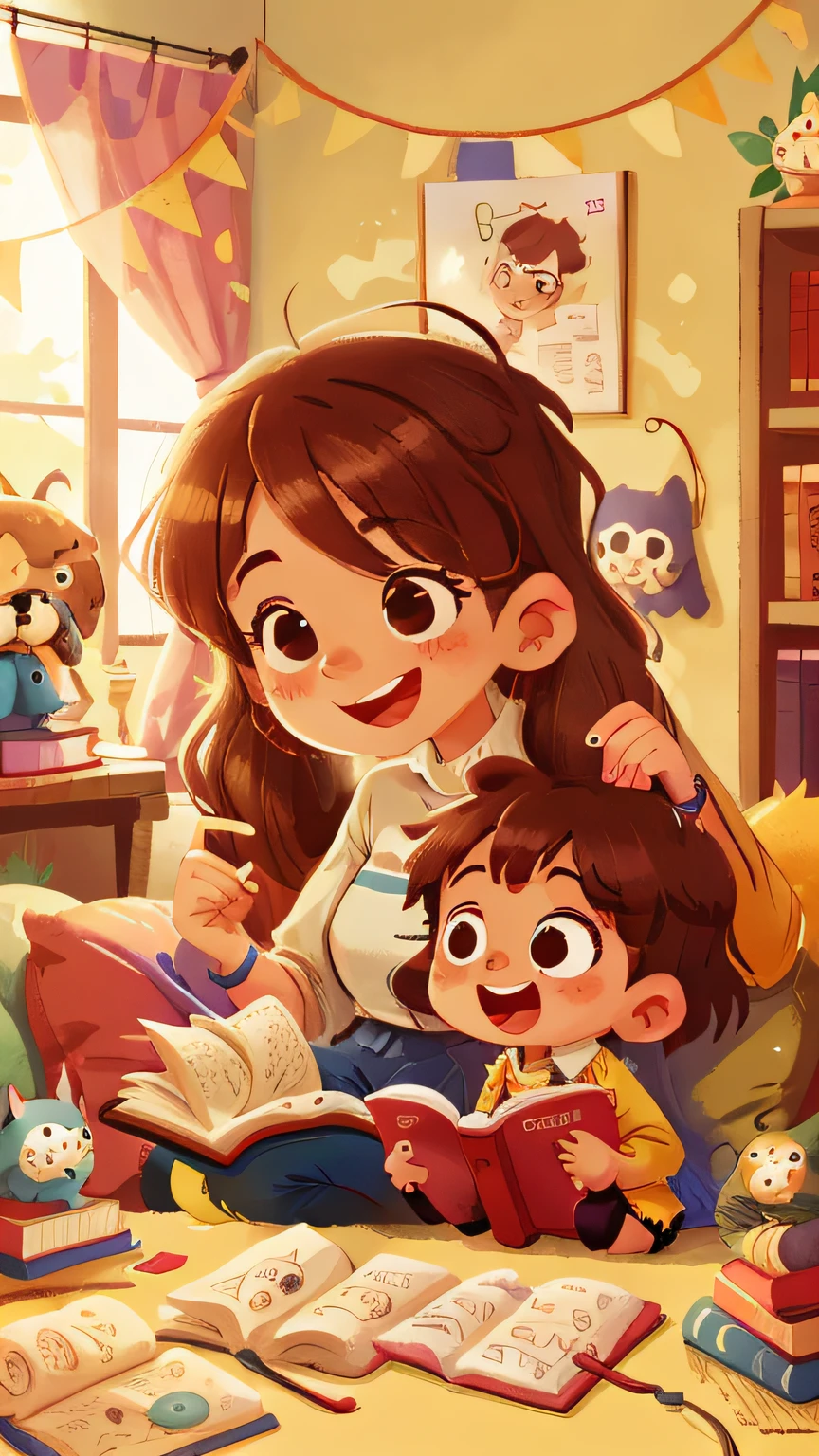 uma  branca sorridente com cabelos pretos encaracolados e olhos azuis, reading a book together with his brown-eyed mother