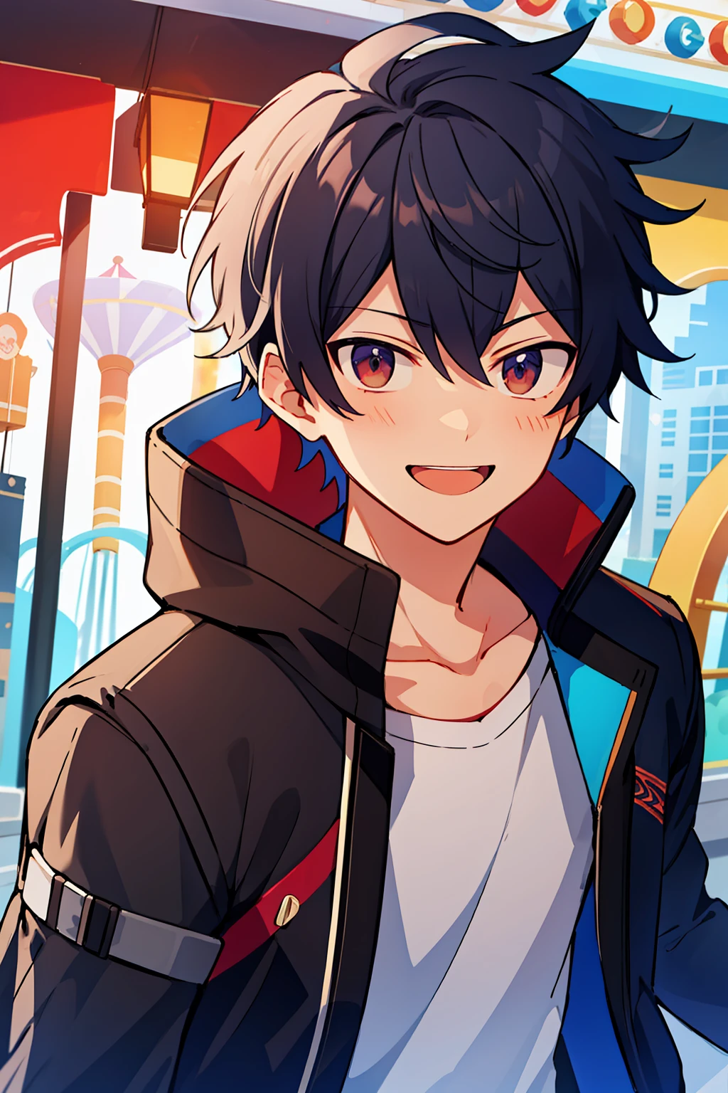 (high-quality, breathtaking),(expressive eyes, perfect face), 1boy, male, solo, short, young boy, short brown hair, red eyes, smile, casual clothes, look at viewer, amusement park