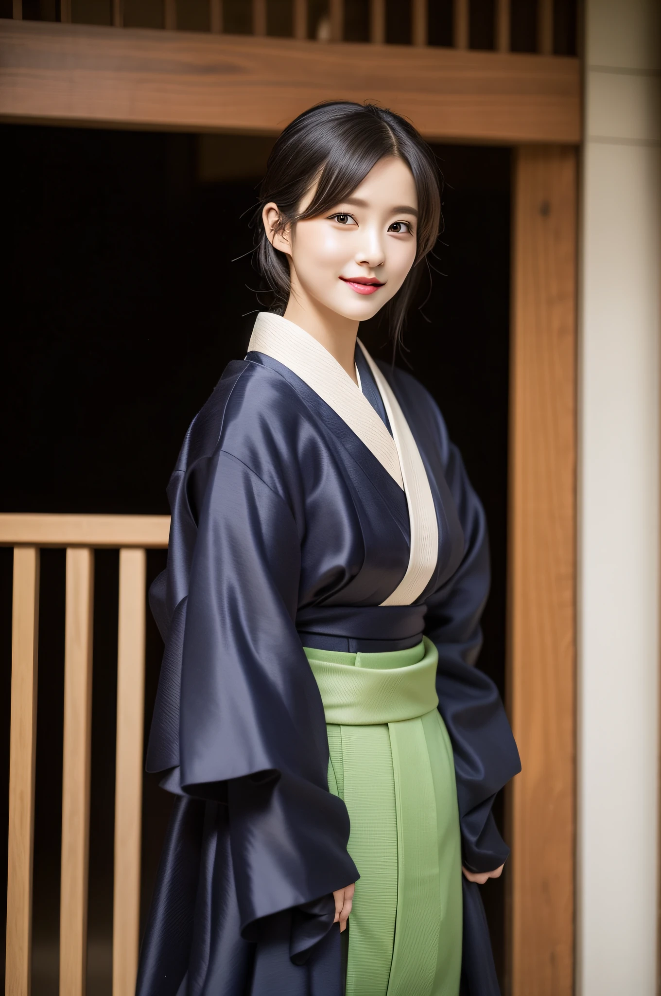 ((最好质量、8K、巨作:1.3))、sharp foc:1.2、(ultra beautiful face:1.0)、(Slender Abs Beauty:1.0)、(shinny skin:1.0)、photograph of-realistic、black-haired、Video Lighting、High-definition eyes and face、Video Lighting、(cow-boy shot:1.3)、(Kimono、Hakama、obi:1.4)、(Korean Cute Actress)、Traditional kimono、front from、big tit、
