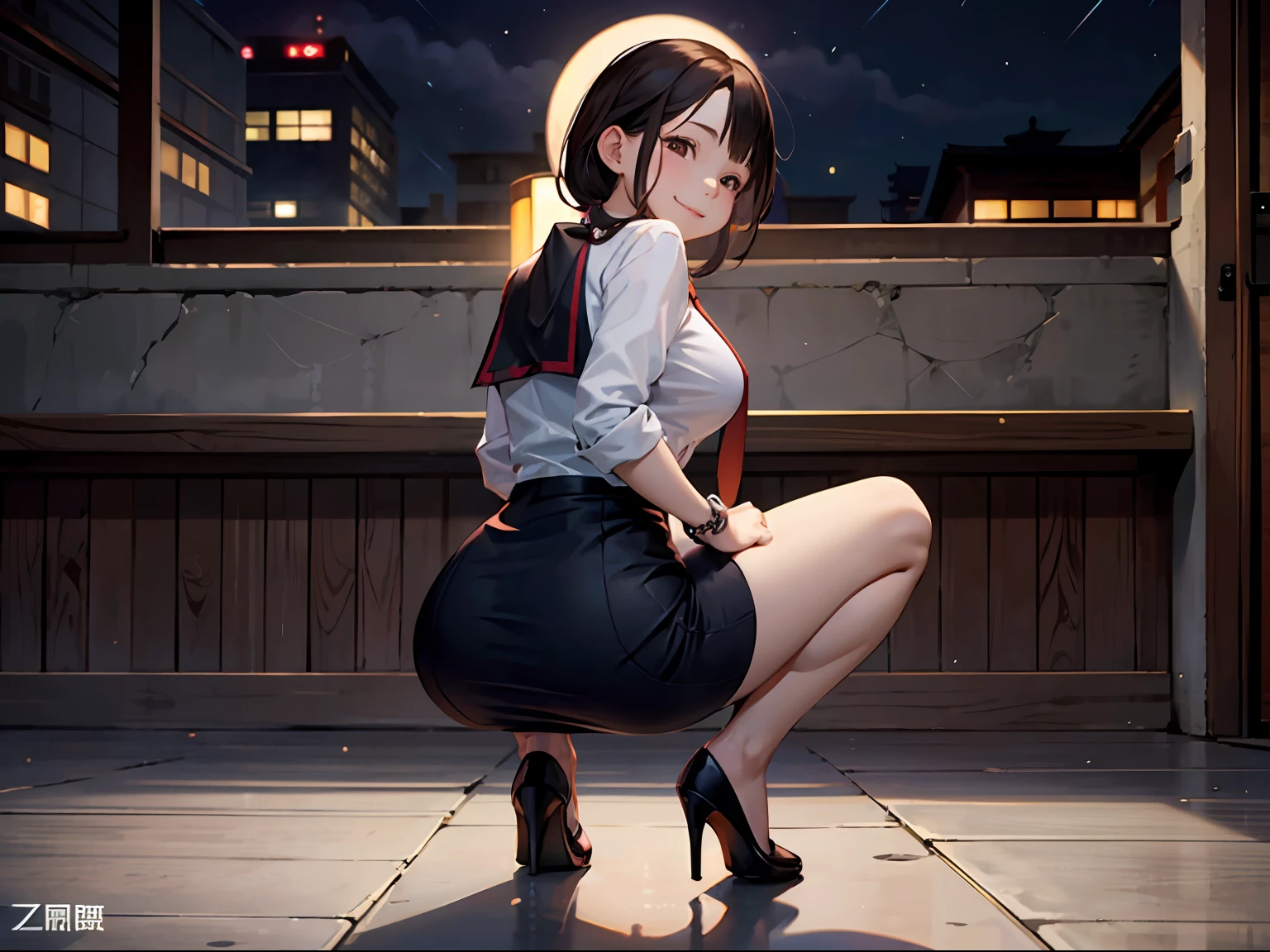 巨作、最好质量、1girl in、Young girl、Brown-eyed、shorth hair、Happy smiling face、shinny skin、(Nice leg line:1.3)、thin-waist、huge breasts
BREAK
school uniform、necktie、(pencil skirts)、high heels
break
(((Zashiki))),depth of field,watch audience,squatting down,from behind and be,Upper body body,Sexy legs、((((nights)))).