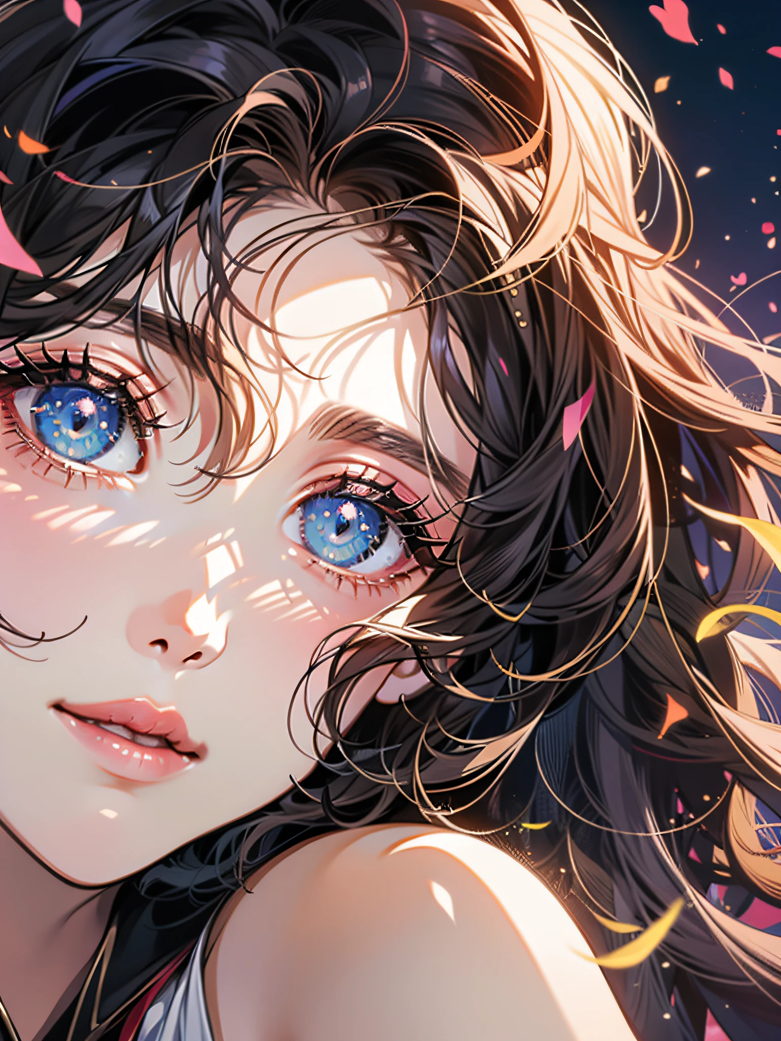 Close - up shots，Close-up of the eyes，Drill hair, half-closed eye, Seductive smile, Anime style, High detail, Chiaroscuro, From above, Lens flare, ultra high def, Super detail, Best quality, 巨作, ccurate, High details, Anatomically correct, High quality, High quality, A high resolution，close-up, Eye-Level Shot