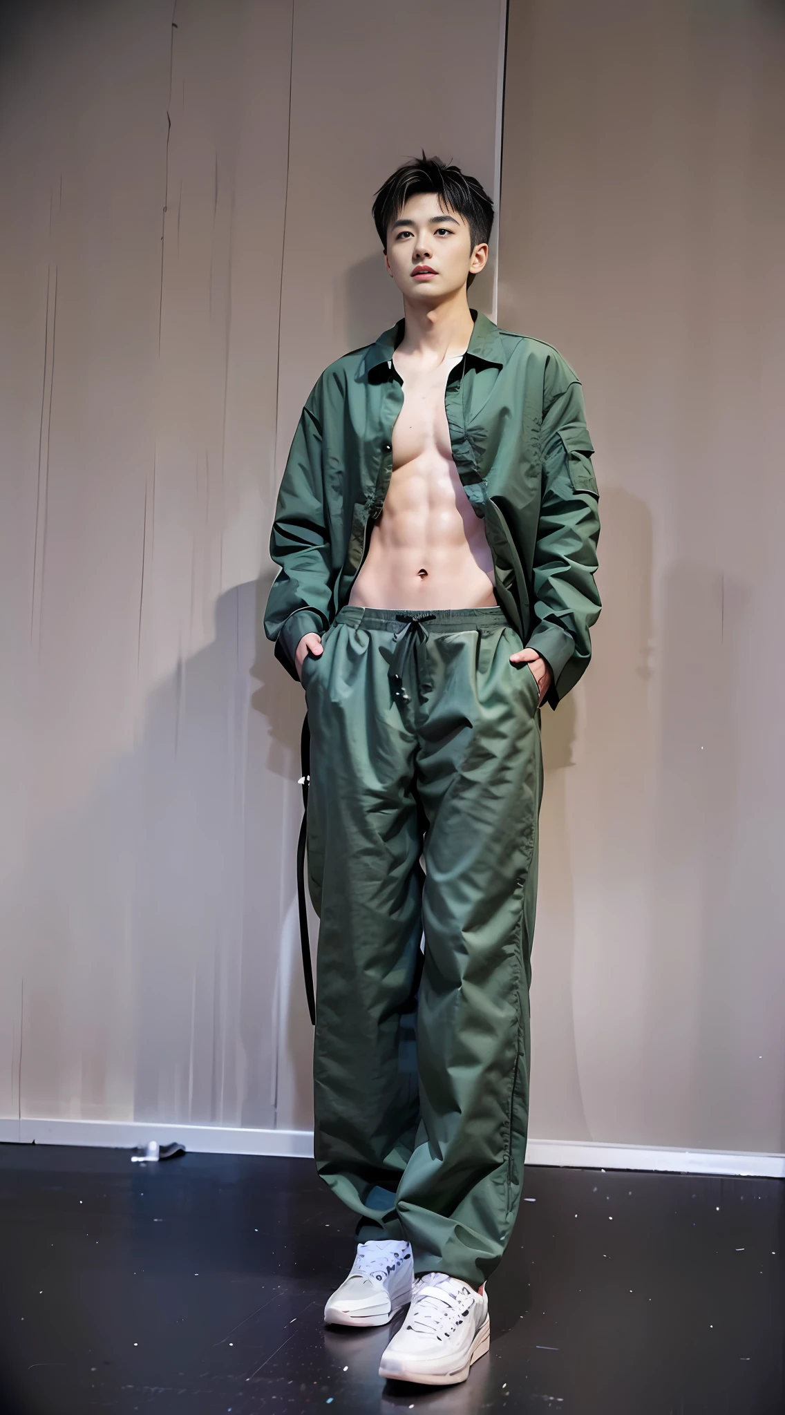 1 boy, tall, green tone, green, grass, model figure, (pure green top, bright green pants, background is green tone scene: 1.7), handsome, focus face, look at the audience, (Kim Do-young, Hyung-tae, Kim Young-shen, Doug Kang, Hong Joon-hyung: 1.2), shirtless, clear details, Arafard male, bold bright colors, rich bright sunny colors