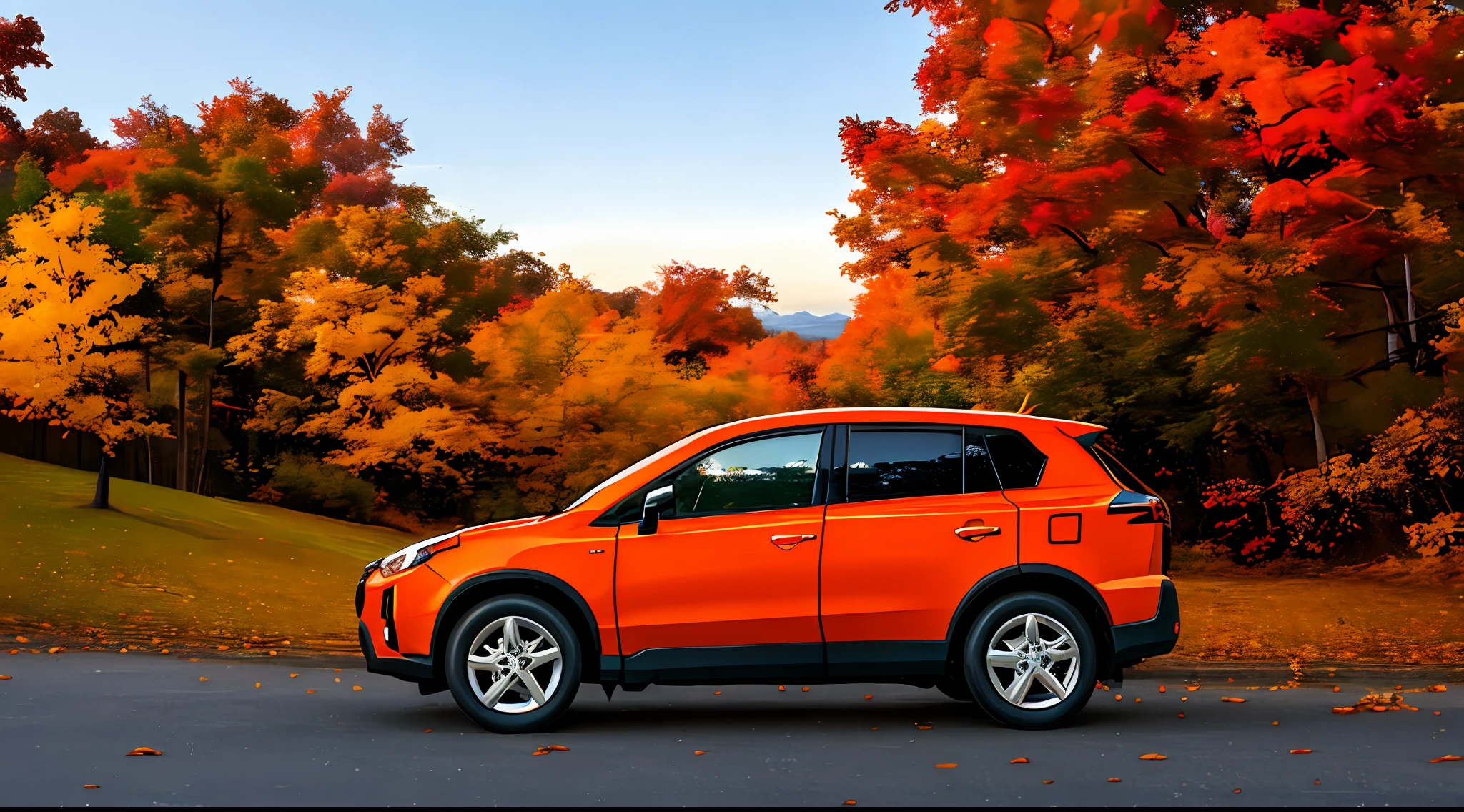 autumnal，The sun shines on the hillside of Irobo。A Toyota RAV4 drives on a winding road。（Autumn leaves of various colors：1.5），The wind is blowing，Falling leaves are dancing。