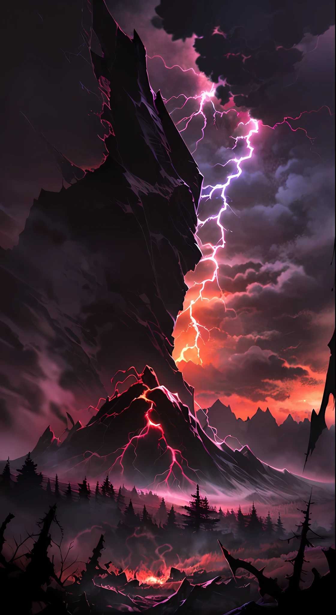 (best quality), high resolution, intense and dramatic composition, mountain range in the background, dark and eerie atmosphere, (destroyed mountain:1.2), red lightning bolts cutting through the sky, (red clouds:1.2) gathered on the horizon, hinting at danger and destruction, the sign of a looming threat, a gateway to hell, the ultimate embodiment of terror and chaos.