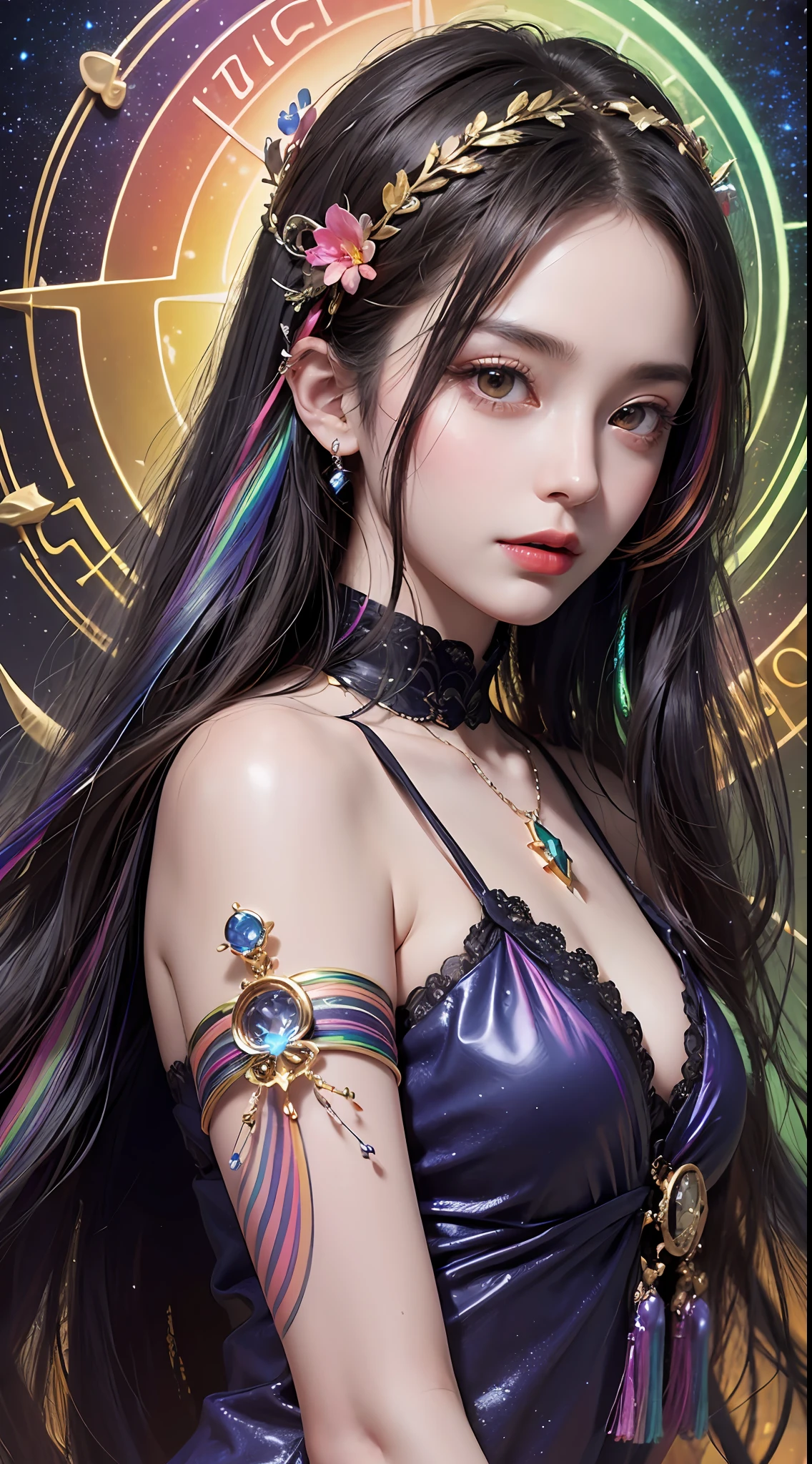 1 27-year-old girl, 1 zodiac goddess from the future, 12 zodiac goddess pink purple, 12 zodiac goddess face ???? thin yellow nightgown, long thin nightgown 12 zodiac many limbs ???? black lace detail, mythical goddess of the 12 zodiacs from the future, zodiac ♏, luxurious glittering zodiac style, dark and mysterious version, zodiac crown, lipstick red lips, thin and pretty lips, don't smile, keep your mouth shut, characters created by karol bak and pino daeni, intricate detail, detailed background, extremely detailed, light magic, a woman, clear face, looking at the upper body of the goddess of the zodiac, round ???????, big and round ???????, phoenix hair brooch, long hair with bangs, (Long hair has 7 colors like rainbow:1.9), beautiful detailed face and well-proportioned eyes, (transparent yellow eyes: 1.8), big round eyes and very beautiful and detailed makeup, visionary, long silk nightgown, mysterious makeup, Bracelets, side bangs and dye pale yellow, upper body, (zodiac goddess upper body: 1.8), drooping arms, Realistic and vivid photo, (stars that make up the zodiac: 1.7), ( sky zodiac and fictitious space and time portal: 1.8), fiction art, RAW photo, hanfu photo, best photo , high_res, best quality, best photo, 8k quality, 8k ultra , surrealism, the most economical real photo, artistic portrait of 12 zodiac signs, 1 symbol of 12 zodiac signs behind, single portrait of 12 zodiac goddess, The most realistic color scheme, best photo color, masterpiece, hair ornament, necklace, jewelry, Beautiful face, upper body, tyndall effect, photo realistic, dark studio, border light, two tone light, (detailed skin) high: 1.2), 8k uhd, dslr, soft light, high quality, volumetric light, candid, Photo, high resolution, 4k quality, 8k, Bokeh, Smooth and sharp, pixel up 10 times, Charming zodiac goddess, ???? zodiac goddess, (background space: 1.8), (galaxy: 1.7), aurora, lightning, (Aurora Background: 1.8) <lora:locon_perfecteyes_v1_from_v1_, beautiful goddess and flowers,