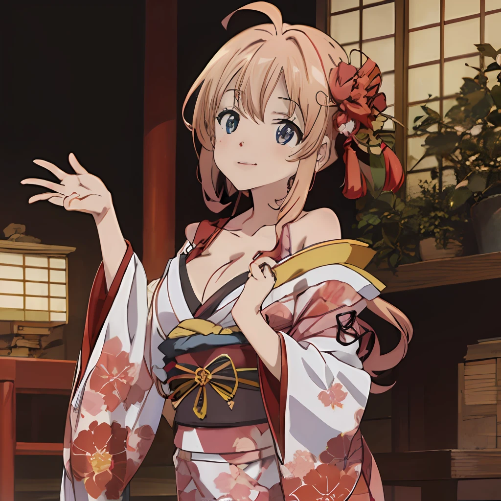 (ultra hyper-detailed,Hi-Def,Kyoto Animation Style Anime Illustration,Top Quality Official Art Feature:1.6),1girl, japanese clothes, breasts, long hair, kimono, solo, light blue eyes, flower, hair ornament, black hair, cleavage, smile, looking at viewer, floral print, sash, red kimono, obi, holding, hair flower, Brown-haired,Semi-long hair with trimmed haircollarbone, red flower, off shoulder, blush, bare shoulders, long sleeves, bangs, wide sleeves, closed mouth, standing, holding flower, cowbo,y shot, large breasts, east asian architecture, very long hair, architecture, sidelocks, hand up, tassel, indoors, print kimono, plant, large breasts, potted plant