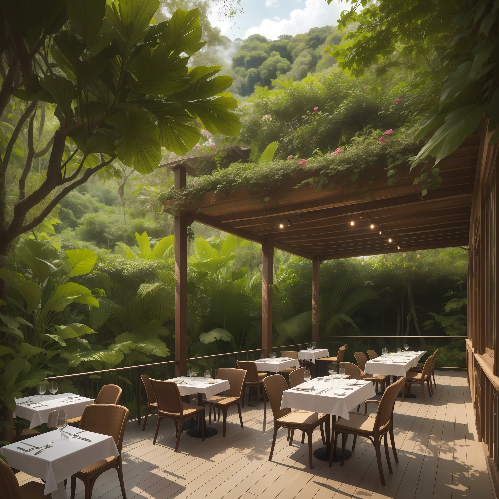 An idyllic Italian restaurant located in a lush tropical forest, complete with an outdoor terrace and pergola adorned with verdant foliage.
