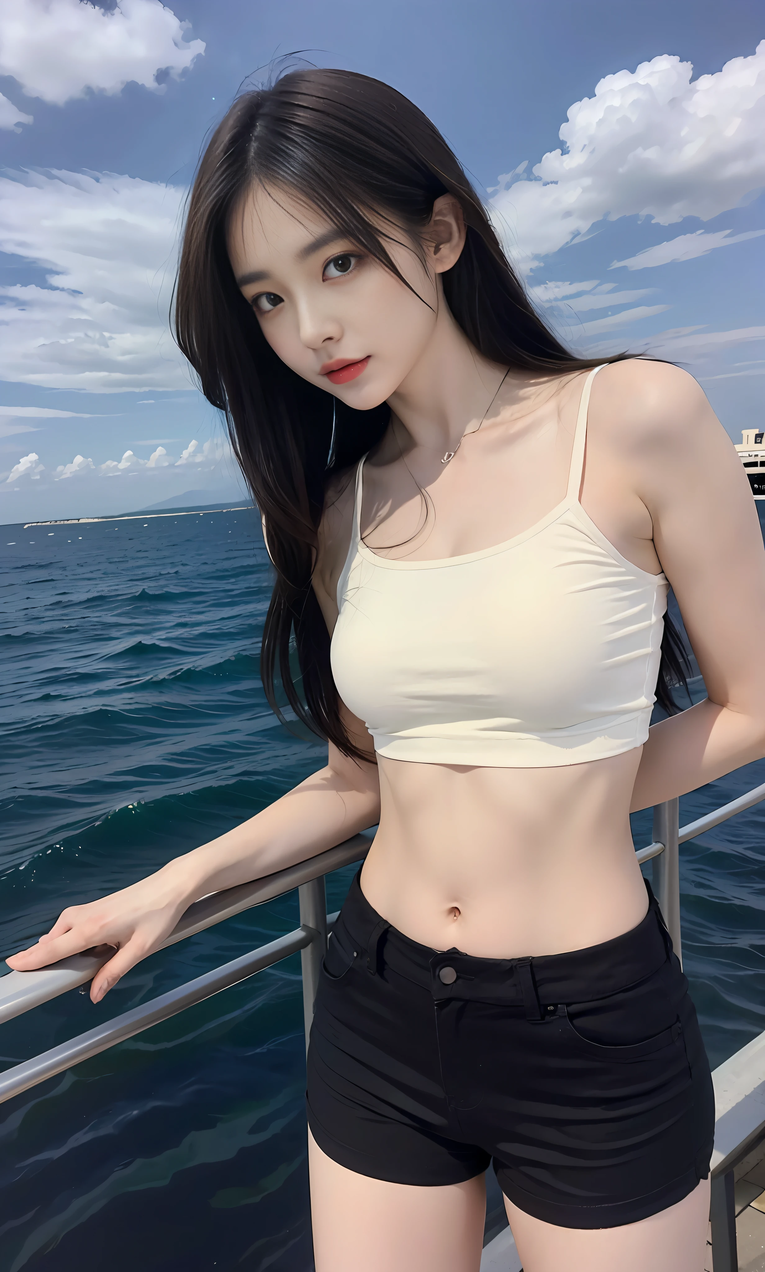 (8K,RAW photos,Best Quority,masterpaintings:1.2),focal point:1.2,Perfect body:1.5,(Upper body body:1.2),(Harnes),(Square shorts:1.2),Best Quority,masterpaintings,(Small mouth:1.2),an extremely delicate and beautiful one,8k壁紙,astonishing,finely detailled,masterpaintings,the best quality,(22yearsold:1.2),Narrow waist,(nights,Standing by the sea,The background is the sea,The sky is dim,The sky that is going to rain,There are dark clouds,cool tint,naturey:1.2), Slim,shylily,puro,lovly,Thick hair,Soft hair,The high-contrast,beatifull,detailed eye,(length hair:1.2)