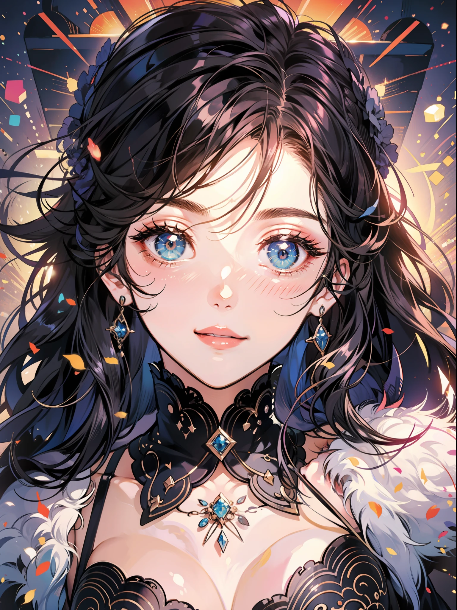 Close - up shots,Close-up of the eyes,Drill hair, half-closed eye, Seductive smile, Anime style, High detail, Chiaroscuro, From above, Lens flare, ultra high def, Super detail, Best quality, 巨作, ccurate, High details, Anatomically correct, High quality, High quality, A high resolution