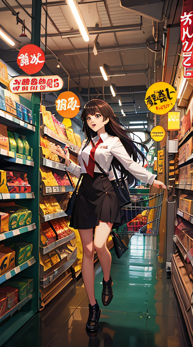 There is a poster,Makoto Shinkai anime style,The poster has a cartoon character on it, A 25-year-old girl with long hair,The girl had a very happy expression,The girl stands on one foot,One foot jump,The girl's hands were full of goods,There is a supermarket with a lot of goods behind you,Urban business background, magazine art cover illustration, Comic cover style, An anime cover, comic book's cover, magazine illustration, promotional poster, comic cover, Poster illustration --auto