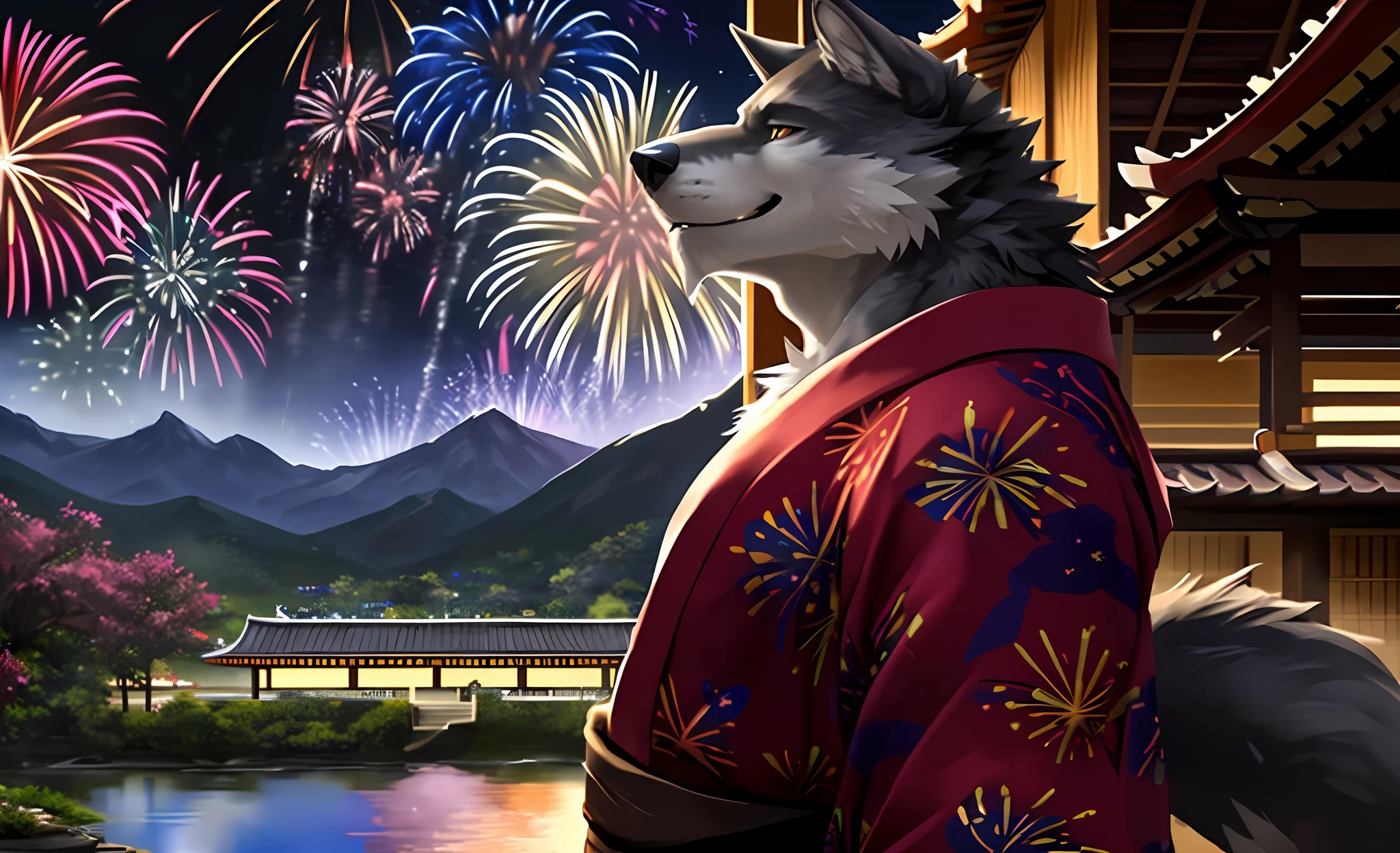 (best quality:1.2), (masterpiece:1.1), (ultra-detailed illustration:1.2), (cowboy shot),(side view),looking up to the sky, bloom effect,ultra detailed face,from above,kemono,1male,anthro (wolf), solo, middle-aged, gray fur,muscular,big biceps, black (beard),standing, smile, fangs out,(print kimono),east asian architecture:0.35), ((fireworks)),night sky, ancient japan, no modern buildings, beautifil and aesthetic, dreamy, dark and blurred valley landscpae,detailed background, mountain, night sky, happy, stars, moon, soft shadow, warm illumination, bloom, contrast,light against dark reflection,obi, cinematic, dramatic light,wide dynamic range,8k, hdr, low light:1.2, by Pino Daeni, (by ruaidri), by virtyalfobo