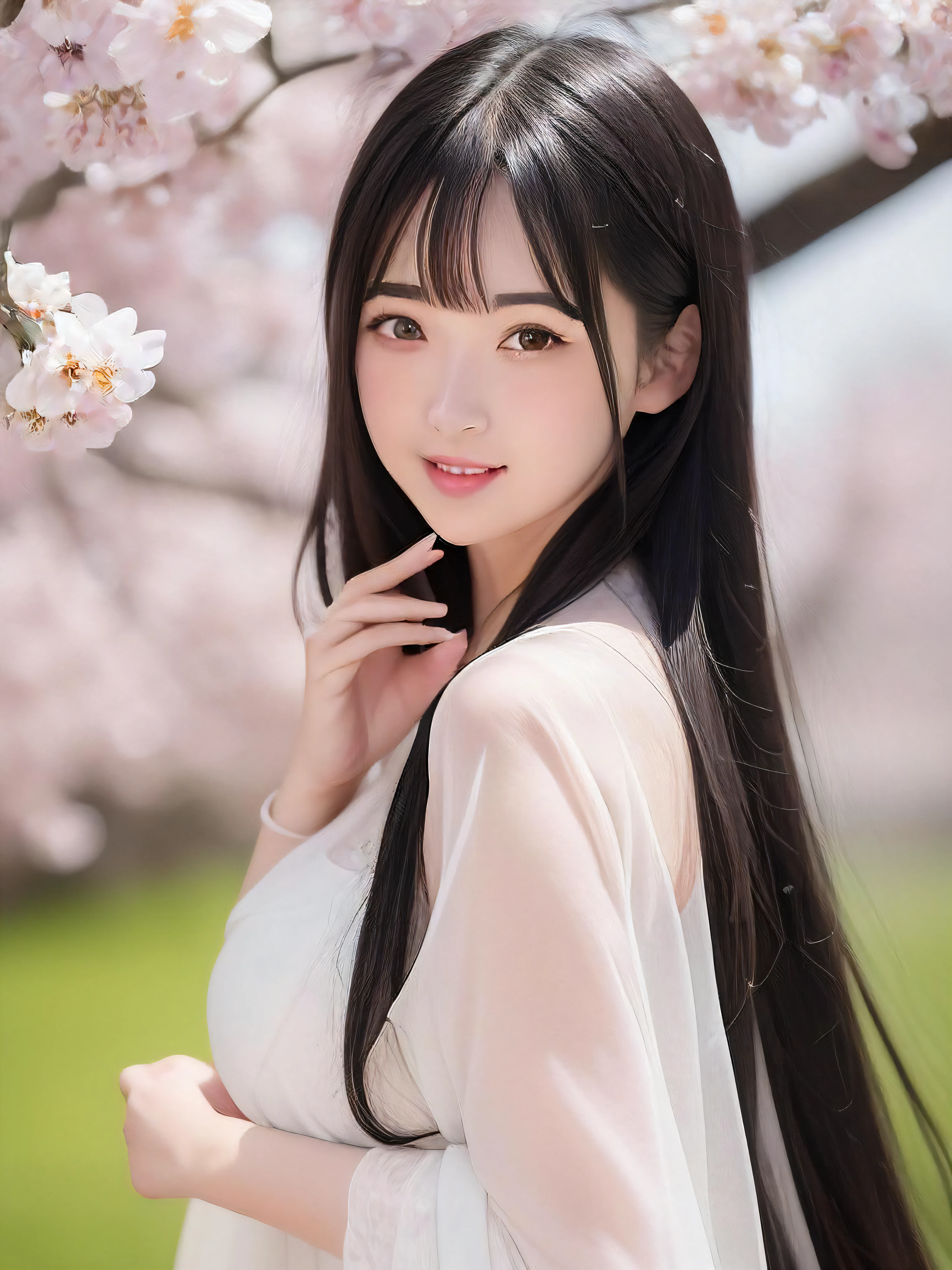 best quality, ultra high res, (photorealistic:1.4), 1girl, artist_name, black_hair, blurry, blurry_background, blurry_foreground, branch, cherry_blossoms, dandelion, dango, depth_of_field, eyelashes, face, falling_petals, floral_background, flower, hanami, lips, long_hair, nose, outdoors, petals, pink_flower, plum_blossoms, sanshoku_dango, solo, spring_\(season\), tree, white_flower, wisteria    VIRTUALGIRL-AIM,BANGS, STRAIGHT HAIR, LONG HAIR, BLACK HAIR, BLACK EYES, CRYSTAL PENDANT, MEDIUM BREASTS, smile,waist,foot,