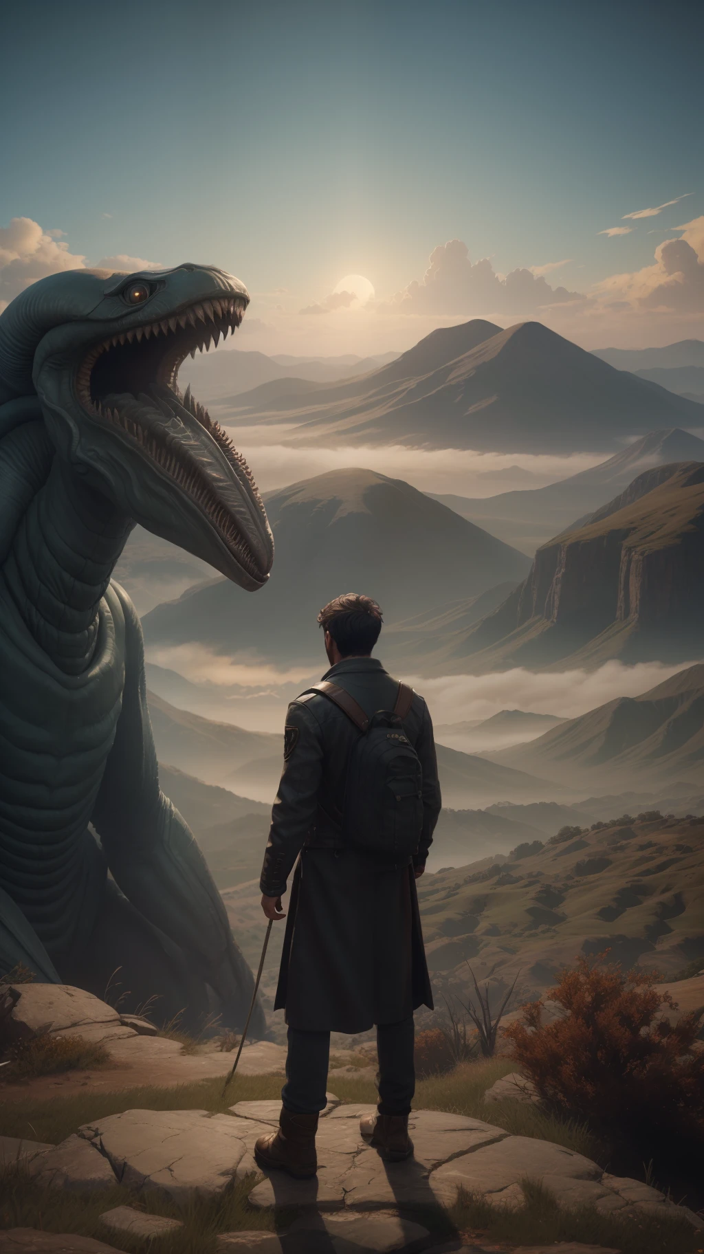 Highly detailed matte painting of a man on a hill, watching a giant alien monster, makoto sinkai, Artgerm, WLOP, Grega Rutkowski, voluminous lighting, Octane rendering, 8k resolution, trends on ArtStation, 巨作