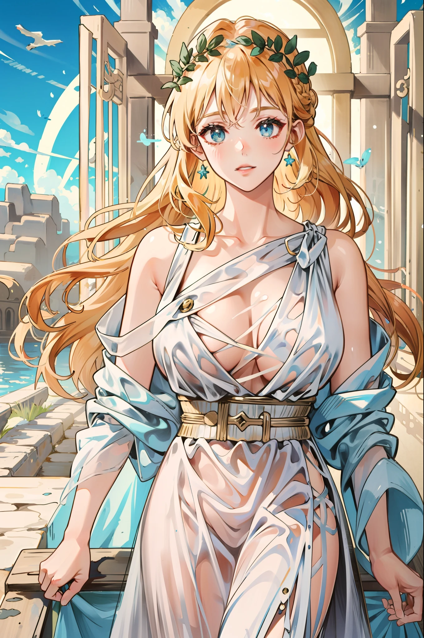 1girl huge large breasts,Greek goddess，Vi delicate and beautiful face,Golden hair，Various hairstyles，Garland crown，voluptuous breasts，Convex buttocks，greek clothes，Tulle covers the breasts，perfectly proportioned, Detailed clothing details,Temple，marble，god statue，World Tree，Cinematic lighting, filmgrain, Fujicolor, lightand shade contrast, 8K, 巨作, Textured skin, Super detail, high detailing, High quality, A high resolution,