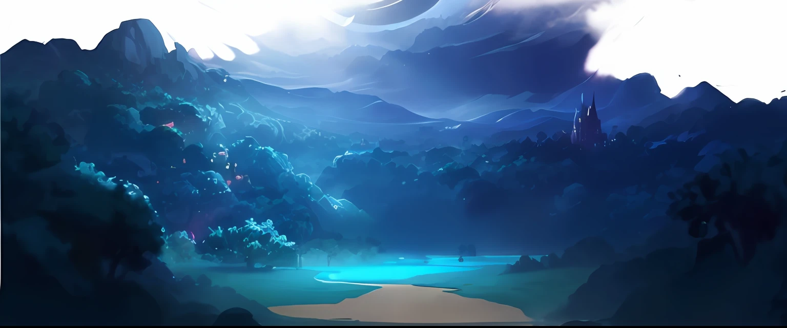 there is a painting of a lake in the middle of a forest, arte de fundo, background artwork, 2 D game art background, moonlit forest environment, concept art magical highlight, random background scene, anime landscape, Anime background art, moonlit starry sky environment, game background, luminescent concept art, concept-art. epic landscapes, 2d game background