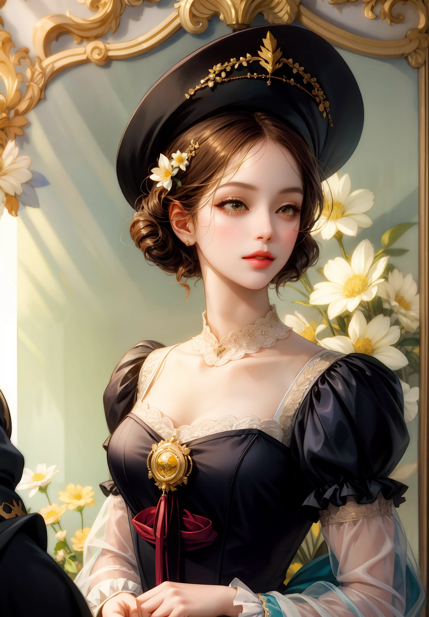 a drawing of a woman in a dress and hat with flowers, rococo queen, rococo fashion, rococo style portrait, Anime Art Nouveau Coreano, rococo portrait, exquisite digital illustration, Pintura digital barroca, # rococo, rococo art style, rococo dress, rococo cyberpunk, No estilo de arte Bowater, Senhora Vitoriana