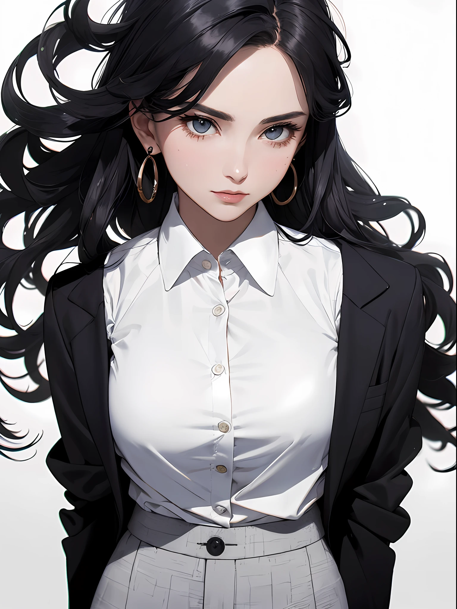 ((Masterpiece, Superb Business Negotiation Aesthetics)), 1 female solo, close-up, (Determined eyes), (Black blazer, white shirt, tie, trousers), (wavy hair), (Formal wear), Mature woman, (Clear facial features, detailed skin texture, beautiful face), White background, Earrings, perfect slim thick body, huge breasts, Standing, (Masterpiece, Top quality, Best Quality), ((Flat Color))