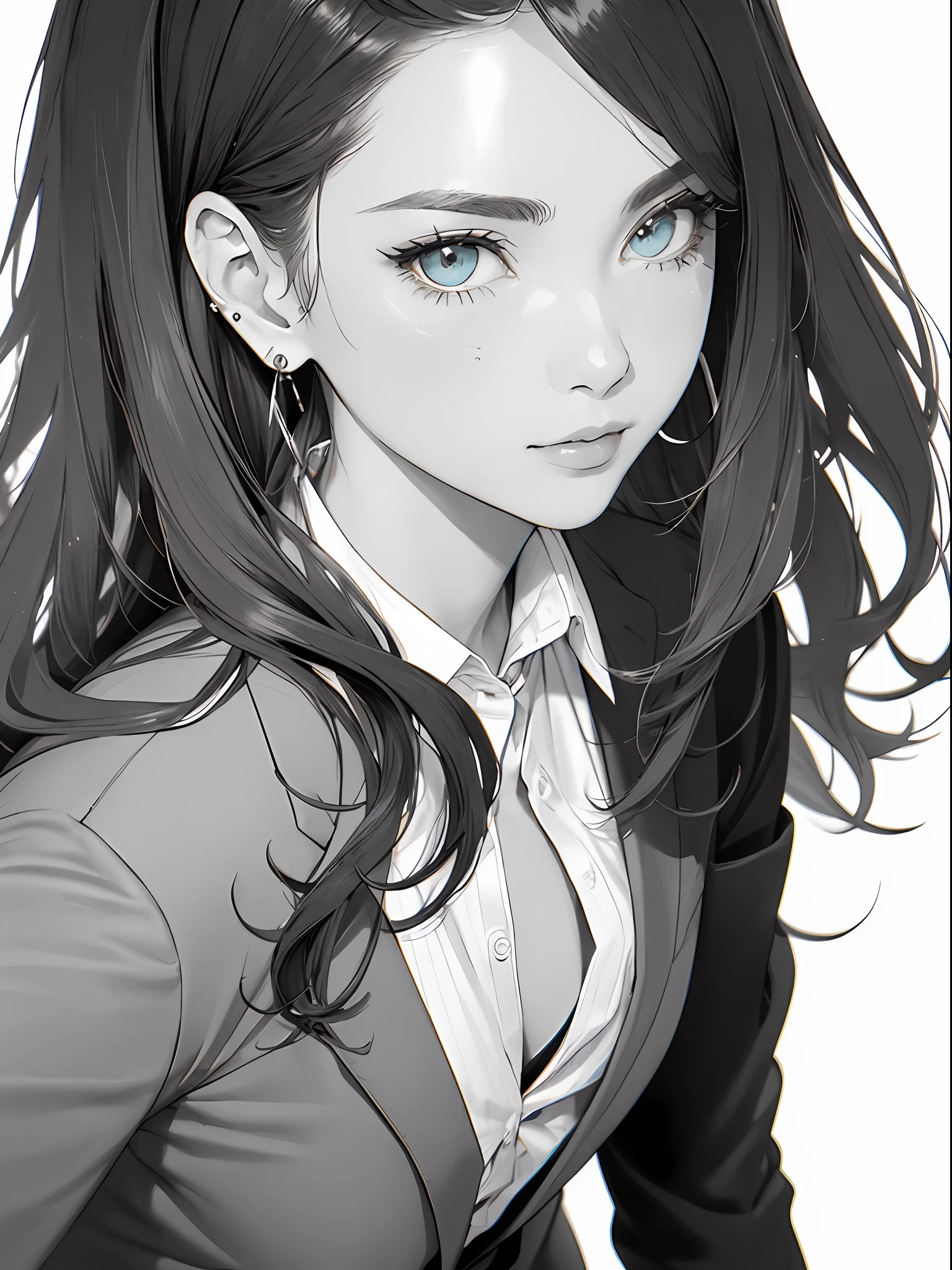 ((Masterpiece, Superb Business Negotiation Aesthetics)), 1 female solo, close-up, (Determined eyes), (Black blazer, white shirt, tie, trousers), (wavy hair), (Formal wear), Mature woman, (Clear facial features, detailed skin texture, beautiful face), White background, Earrings, perfect slim thick body, huge breasts, Standing, (Masterpiece, Top quality, Best Quality), ((Flat Color))