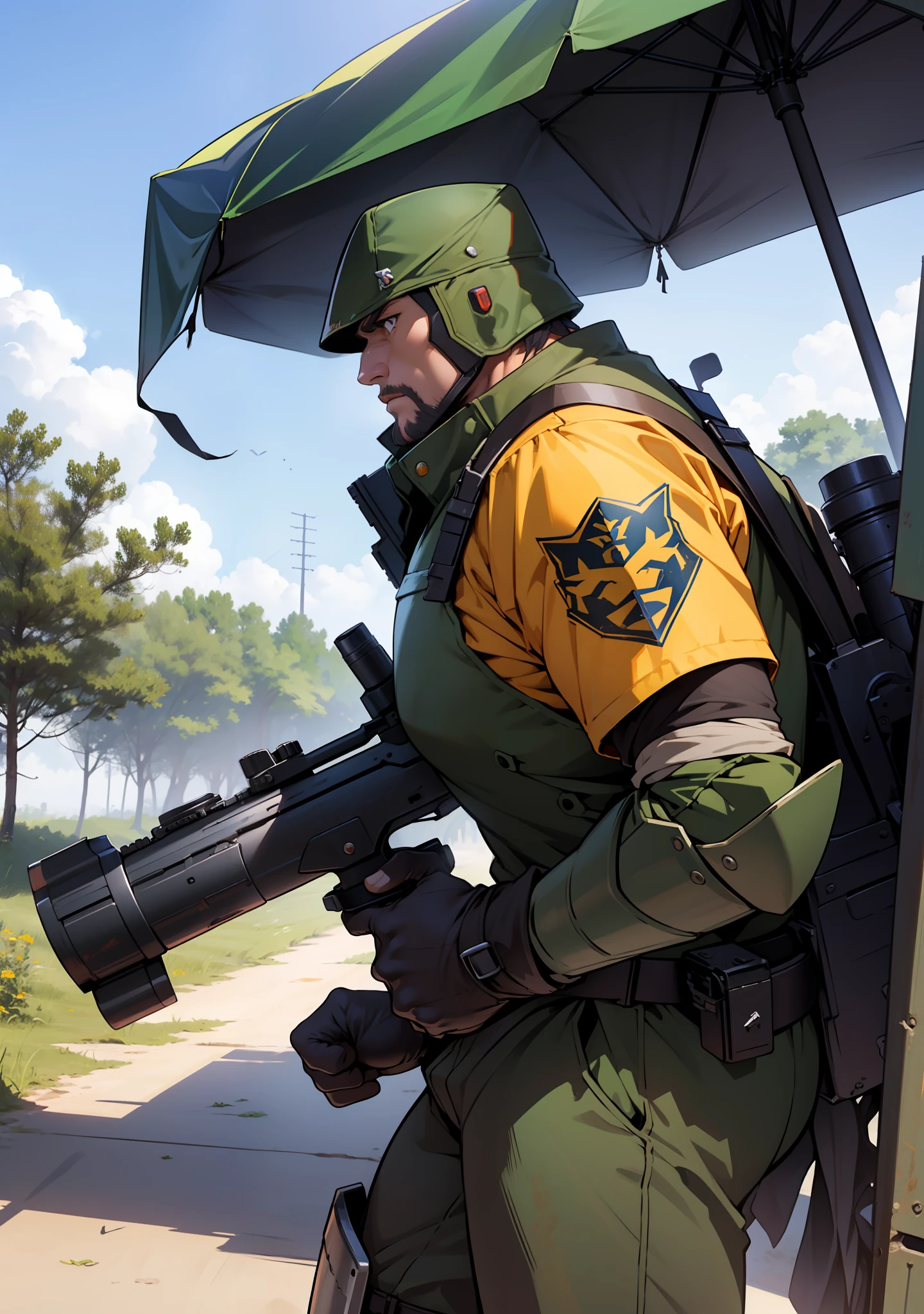 ((巨作,最好质量)),Armored Trooper Votoms、Scope、Armored Trooper、Kiriko Cubby、Arm punch、Hundred Years War、Green fuselage、Roller Dash、rocket launcher、