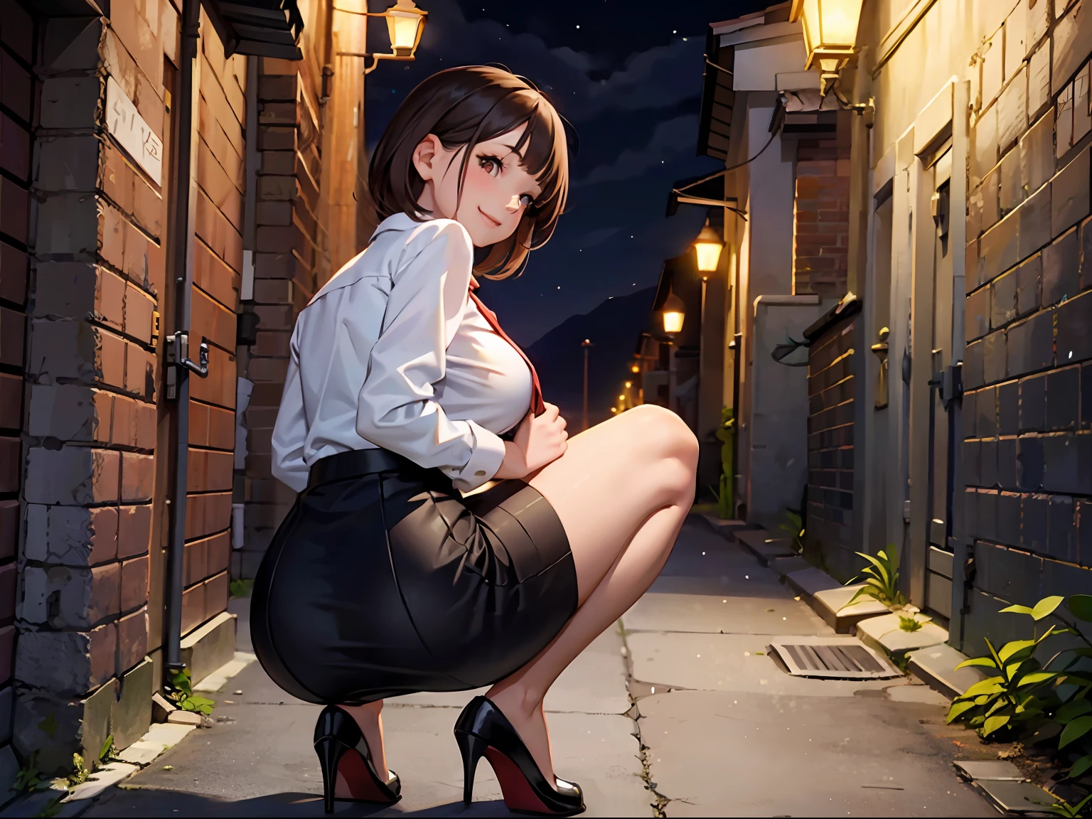 巨作、最好质量、1girl in、Young girl、Brown-eyed、shorth hair、Happy smiling face、shinny skin、(Nice leg line:1.3)、thin-waist、huge breasts
BREAK
school uniform、necktie、(pencil skirts)、high heels
break
(((Back alley))),depth of ﬁeld,watch audience,squatting down,from behind and be,Upper body body,Sexy legs、((((nights)))).