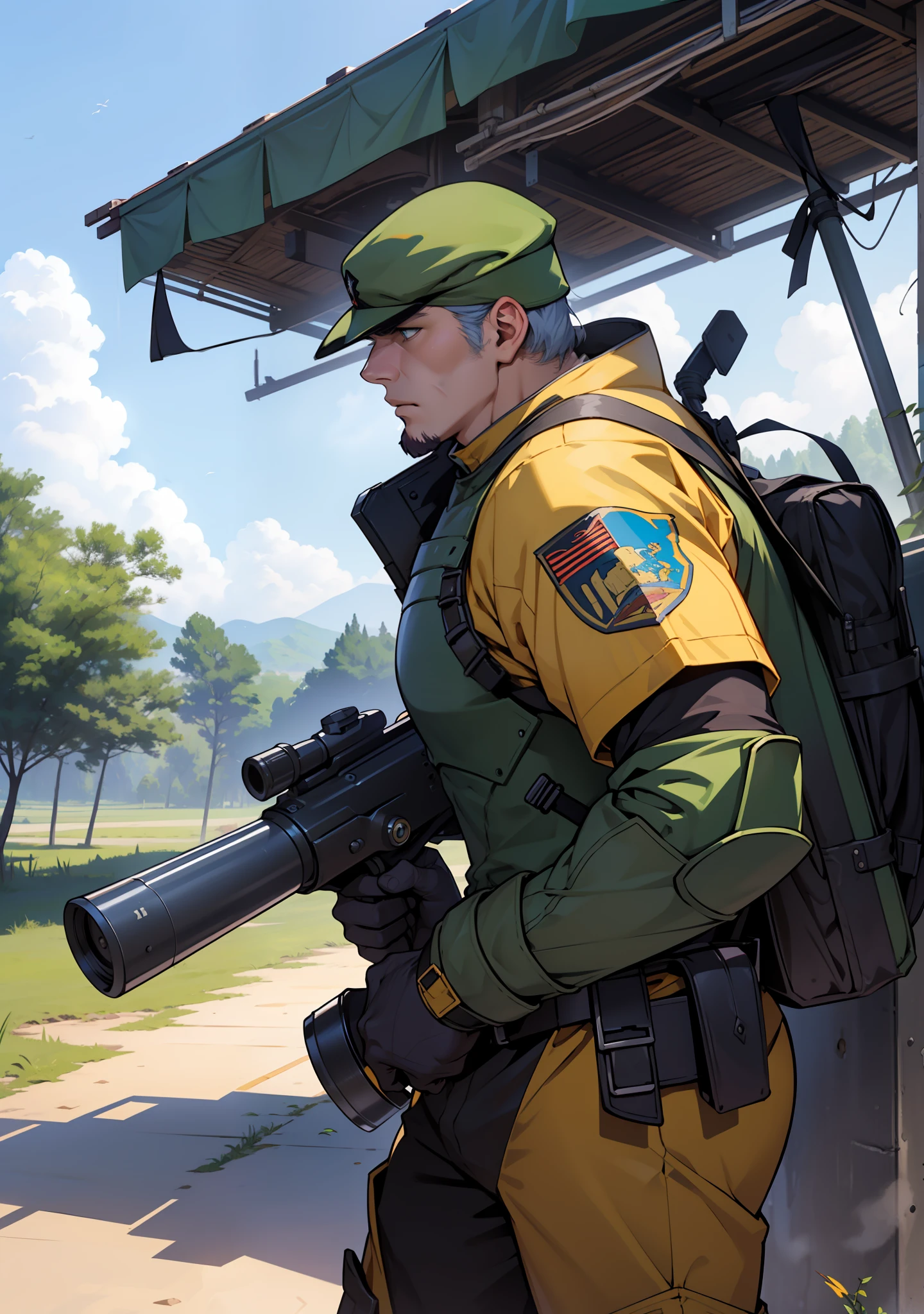 ((巨作,最好质量)),Armored Trooper Votoms、Scope、Armored Trooper、Kiriko Cubby、Arm punch、Hundred Years War、Green fuselage、Roller Dash、rocket launcher、