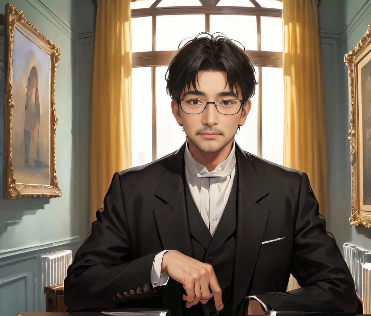 masterpaintings,realisticlying,photorealestic,inside room,broker,1 middle-aged man,Wear glasses,Black suit,black color hair