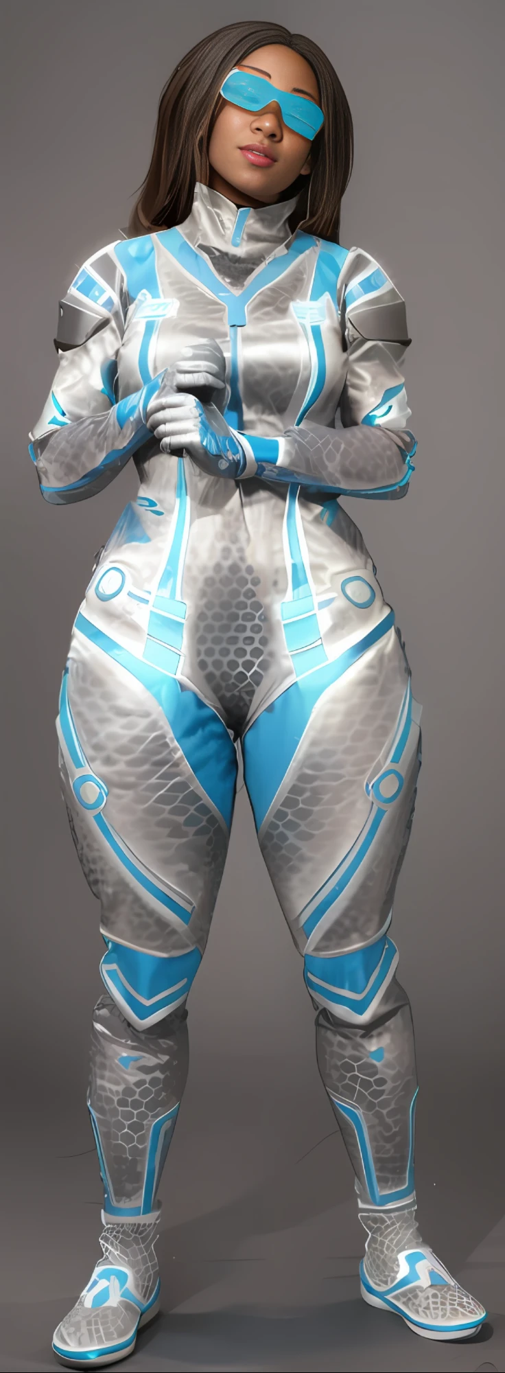 a woman in a silver and blue suit with a blue mask, thick smooth warframe thighs, Peau de science-fiction, Costume holographique, thick smooth warframe legs, Costume Varia Bioorganic de Samus Aran, thick warframe legs, cyber suit, energetic varia suit, Cybersuit, Cybercombinaisons, Tenue futuriste, Costume SCI - FI, echo from overwatch