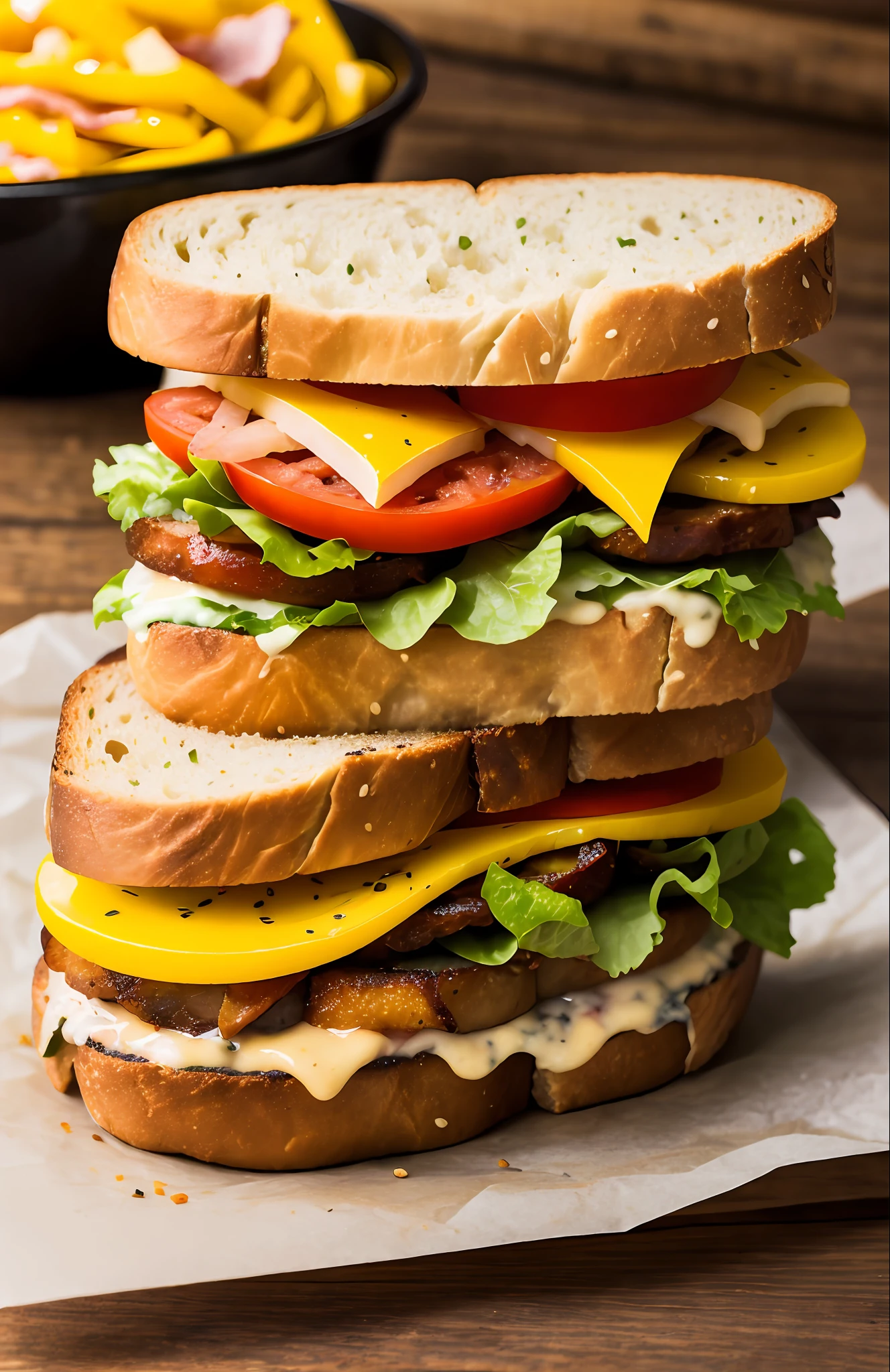 photo of a scrumptious BLT sandwich with extra bacon, (rustic diner background)+, seed bread, pepper jack cheese, (intricate details:1.12), hdr, (intricate details, hyperdetailed:1.15)