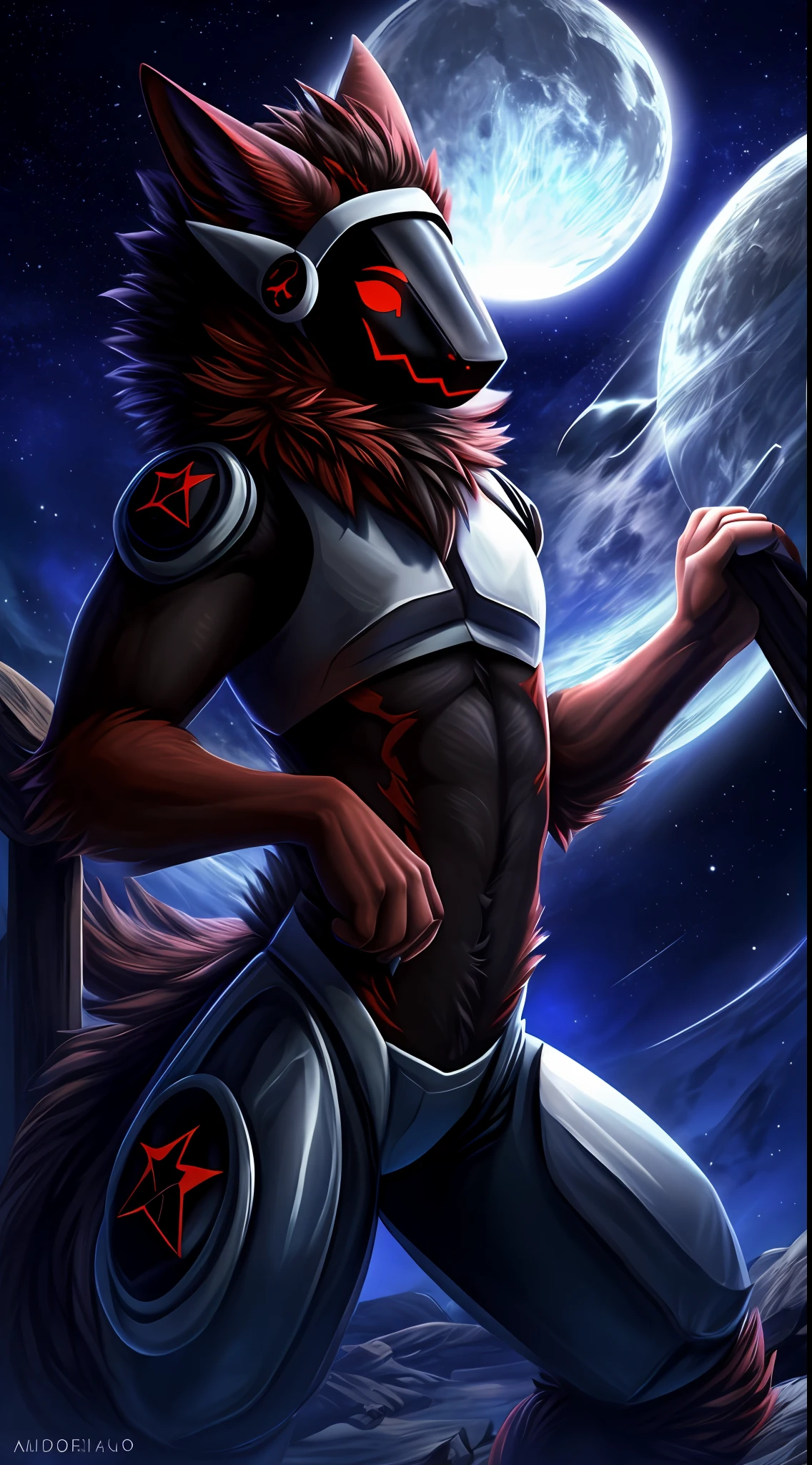 Protogen, pelaje negro y ojos rojos, pelaje suave, cuerpo detallado, pose de pelea,sosteniendo una espada con una mano ,cielo oscuro, estrellas, luna llena, anochecer