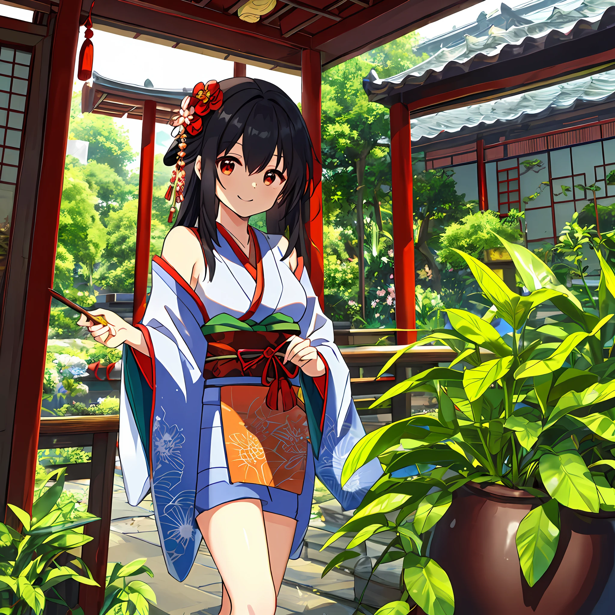 1girl in, komono, Breasts, Long hair, Kimono, Solo, Red Eyes, flower, Hair Ornament, Black hair, Cleavage, Smile, Looking at Viewer, floral print, sash, Red kimono, obi, Holding, Hair Flower, 鎖骨, Red flower, off shoulders, blush, Bare shoulders, Long sleeves, Bangs, Wide sleeves, Closed mouth, Standing, holding flowers, Cowboy Shot, Large breasts, East Asian Architecture, Very long hair, architecture, side locks, Hand up, tassels, Indoors, print kimono, plant, medium breasts, potted plant