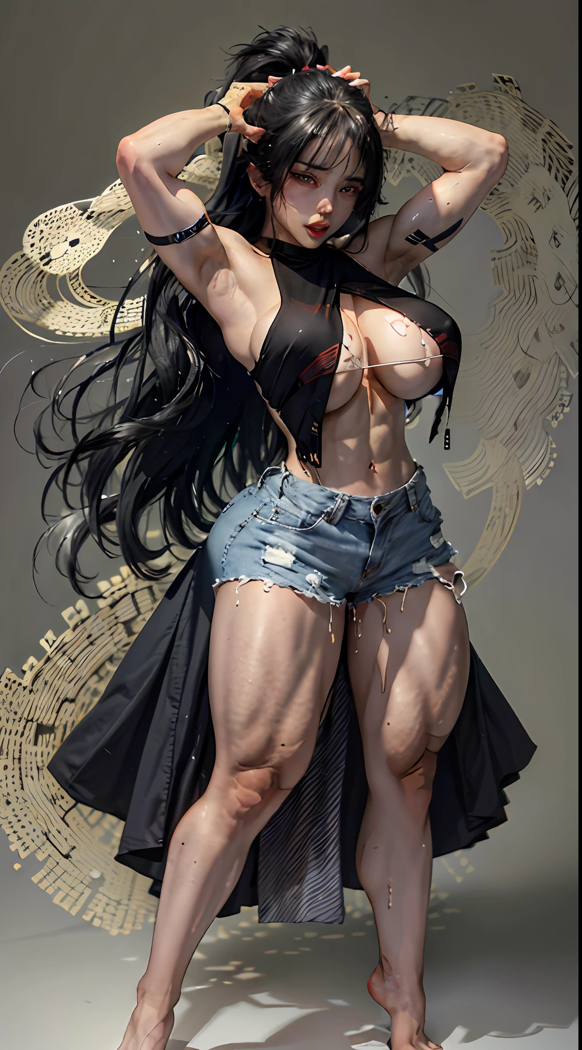 Girl, bangs, bare shoulders, raised arms leaking out of armpits, black shorts, extra huge breasts, breasts squeezed together, white maxi top, gray background, hair between eyes, long hair, super short pants, parted lips, red eyes, simple background, solo, full body photo