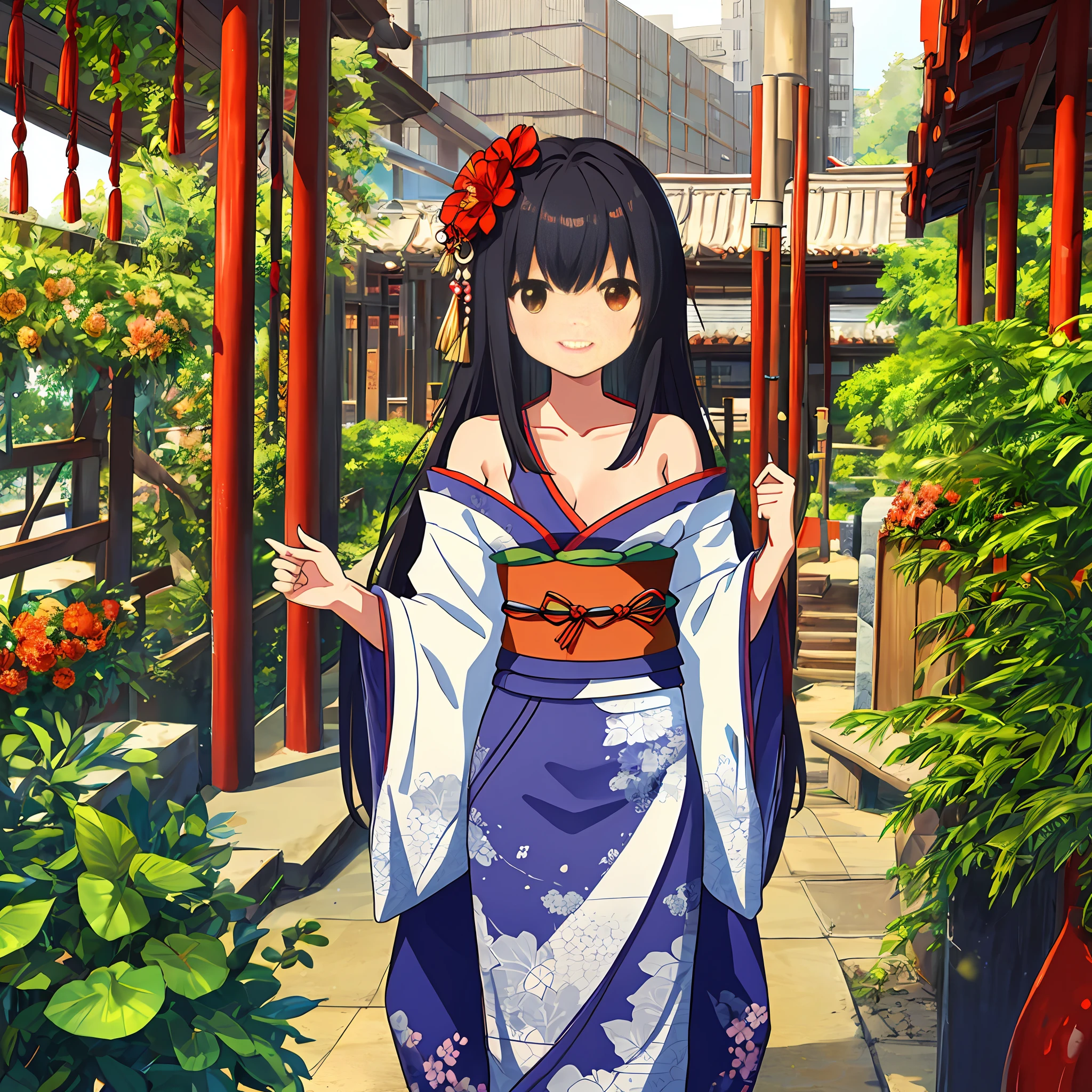 1girl in, komono, Breasts, Long hair, Kimono, Solo, Red Eyes, flower, Hair Ornament, Black hair, Cleavage, Smile, Looking at Viewer, floral print, sash, Red kimono, obi, Holding, Hair Flower, 鎖骨, Red flower, off shoulders, blush, Bare shoulders, Long sleeves, Bangs, Wide sleeves, Closed mouth, Standing, holding flowers, Cowboy Shot, Large breasts, East Asian Architecture, Very long hair, architecture, side locks, Hand up, tassels, Indoors, print kimono, plant, medium breasts, potted plant