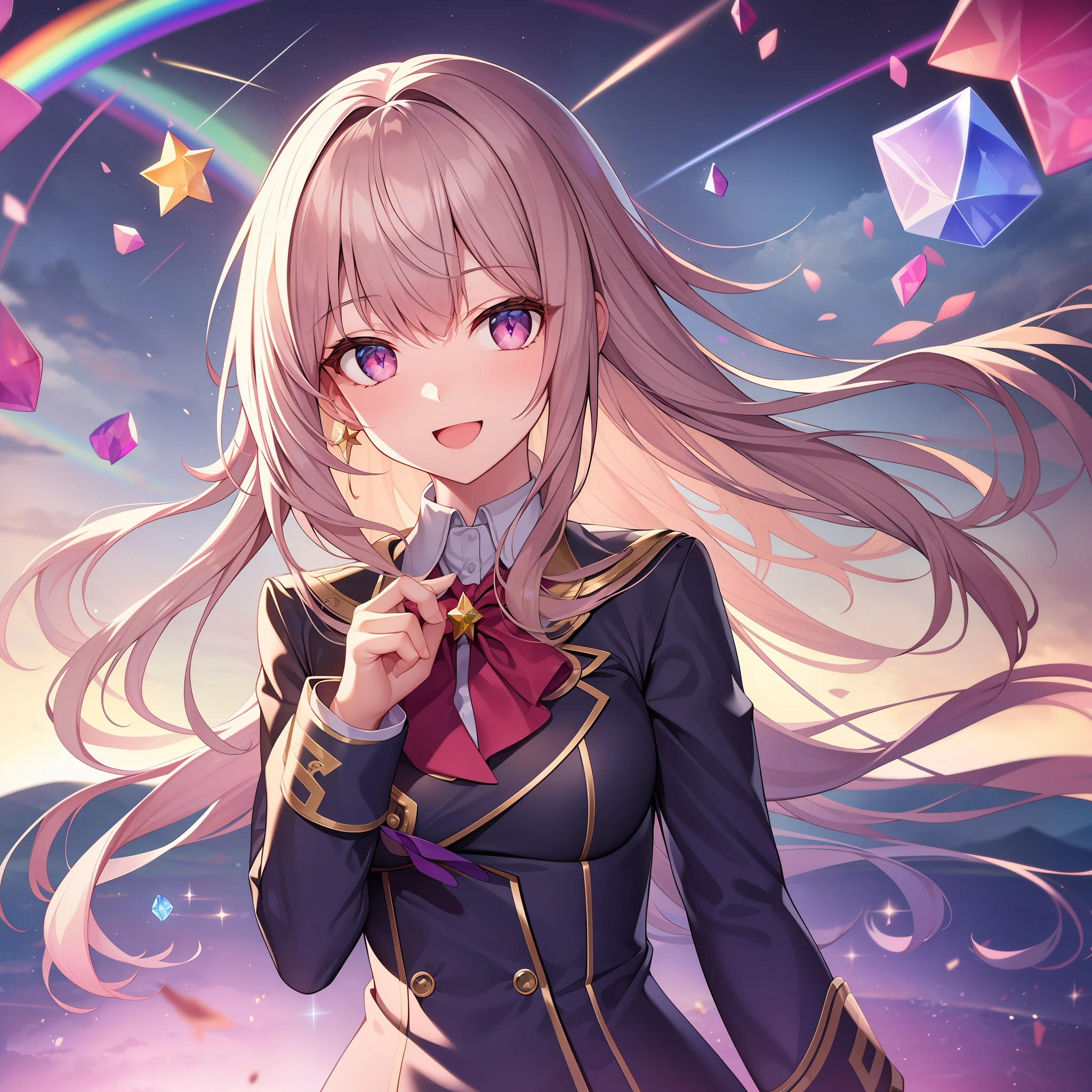 chest out, absurdres, superfine illustration,rainboweffect, highres, ultra detailed,light diffusion,highly detailed light reflection, kaleidoscope, harmonious, best shadow, highly detailed very beautiful big smile face, ;D, beautiful growing crystal diamond star pupil,look at viewer, beautiful detailed hair, solo, dynamic pose, beautiful detailed pink and black ribon, beautiful detailed High school uniform, Fantastic and the whole shines and shooting star and the wind is strong in detail background