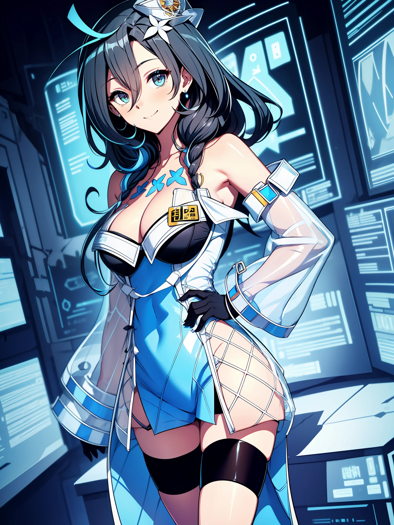 absurdist、ultra hyper-detailed、巨作、最好质量、break、Official art、(Beautifully Aesthetic:1.2)、(watercolor drawings:Curly)。巨作、最好质量、HDR、realisitic、Color Aberration、 break、flan, 1girl in, break、独奏, Ahoge、break、Ahoge Wag、black-haired、Braids、tits、expressive hair、verd s eyes、Hair Between Eyes、a smile、low twintails、 bare shoulder、black gloves、cleavage of the breast、鎖骨、Removed sleeves、耳环、Hats、jewlery、see through sleeves、Strapless coat、thigh strap、thights、 细致背景, inside a space ship, cockpit, action, break、Looking Back, break、MKSTS style, Holographic interface, a hologram,Long hair。length hair。stick your butt out、break、th all of fours、