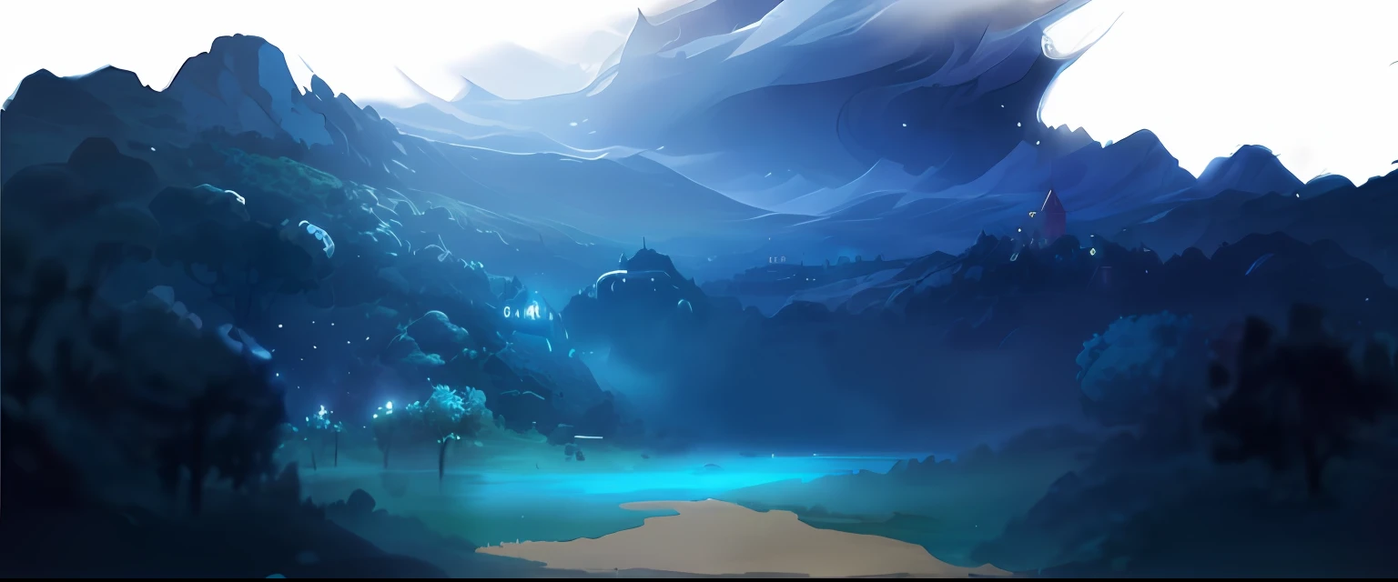 there is a painting of a lake in the middle of a forest, arte de fundo, background artwork, 2 D game art background, moonlit forest environment, concept art magical highlight, random background scene, anime landscape, Anime background art, moonlit starry sky environment, game background, luminescent concept art, concept-art. epic landscapes, 2d game background