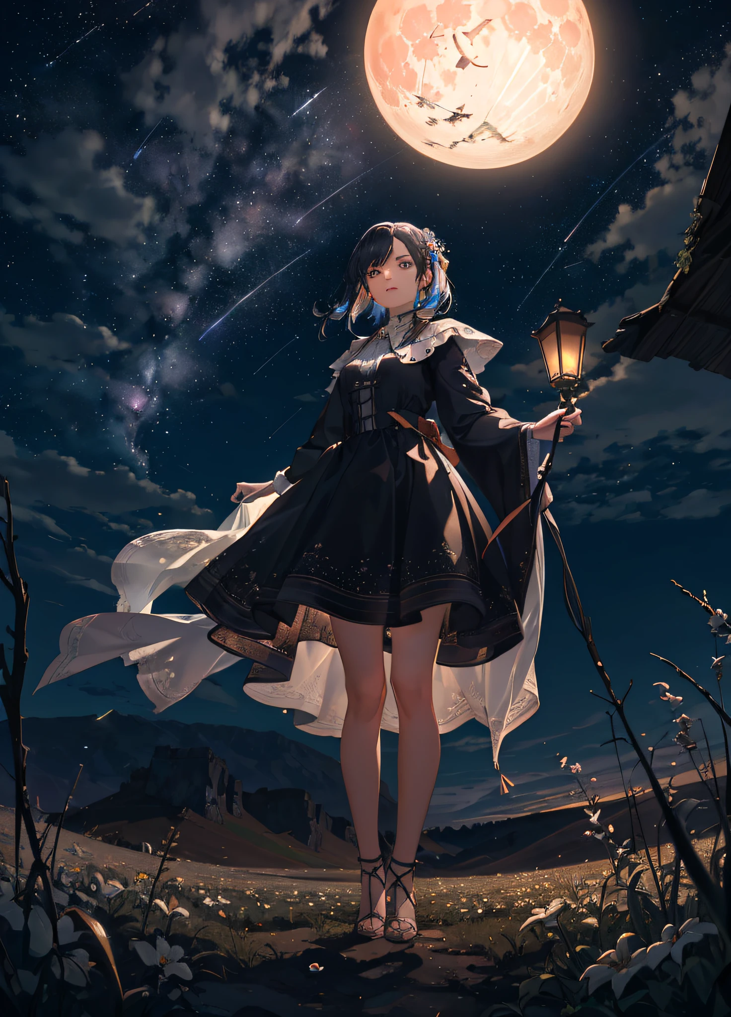 Expansive landscape photograph, (view from below with a view of the sky and wilderness below), little girl standing in a flower field looking up, (full moon: 1.2), (shooting star: 0.9), (nebula: 1.3), distant mountain, tree break production art, (warm light source: 1.2), (firefly: 1.2), lamp, purple and orange, intricate detail, volume lighting, realism break (masterpiece: 1.2) (Best Quality), 4K, Ultra-Detailed, (Dynamic Configuration: 1.4), Highly Detailed and Colorful Details, (Iridescent Colors: 1.2), (Glowing Lighting, Atmospheric Lighting), Dreamy, Magical, (Solo: 1.2)