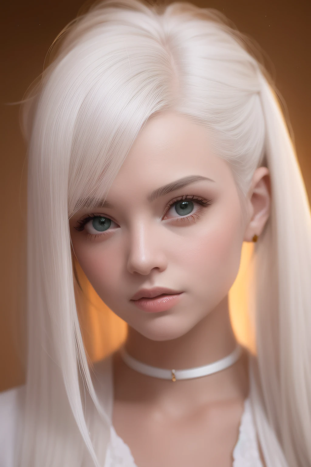 um close up de uma mulher com cabelos brancos e olhos azuis, menina perfeita de cabelos brancos, menina com cabelo branco, photorealistic girl rendering, Ciborgue - Menina com cabelo prateado, retrato impressionante do rosto , Arte digital realista 4K, hiper realista, rosto altamente detalhado, 8k portrait render
