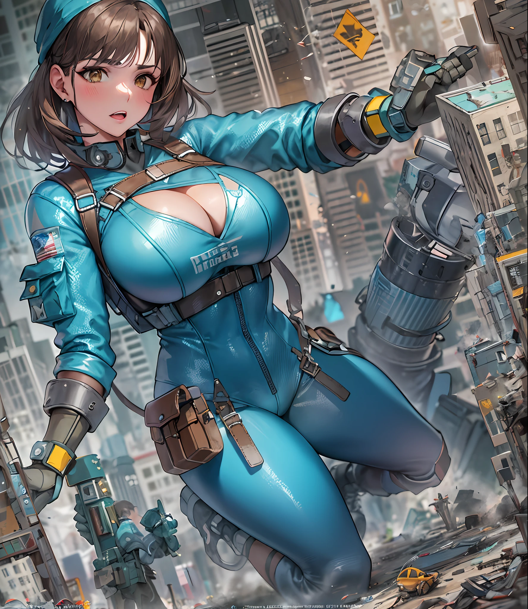 Fallout, a woman with messy brown hair, wearing a skintight vault jumpsuit, and a ragged blue metal gear bandana, brown eyes, blue jumpsuit with yellow stripes, backpack straps, fallout 3, cleavage, one leg up, GTScity, GTS, rampage