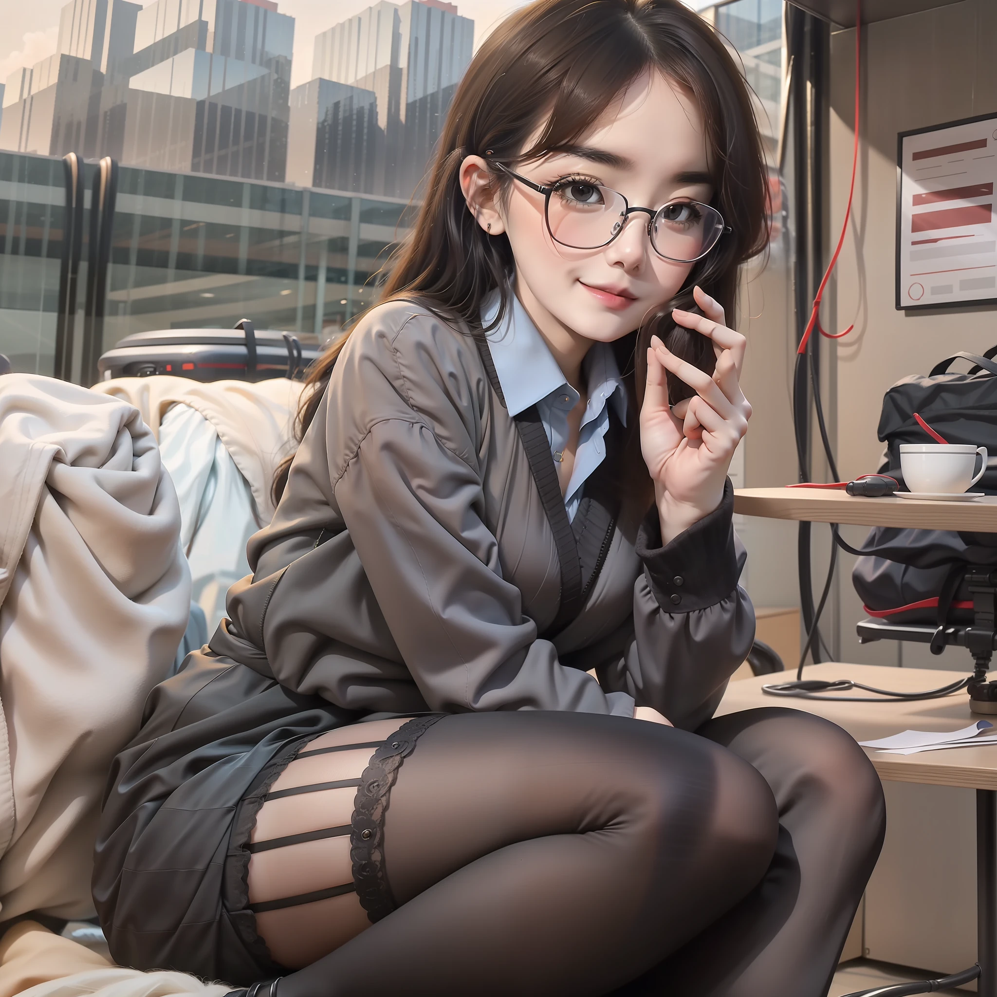 Best Quority, Full body like，Refined face，pretty  face，25 years old woman，slimfigure，Smaller bust，office lady uniform，Office wear，black lence stockings，Outdoor scene，Sit Pose，wears glasses，One Man，Cheeks than heart