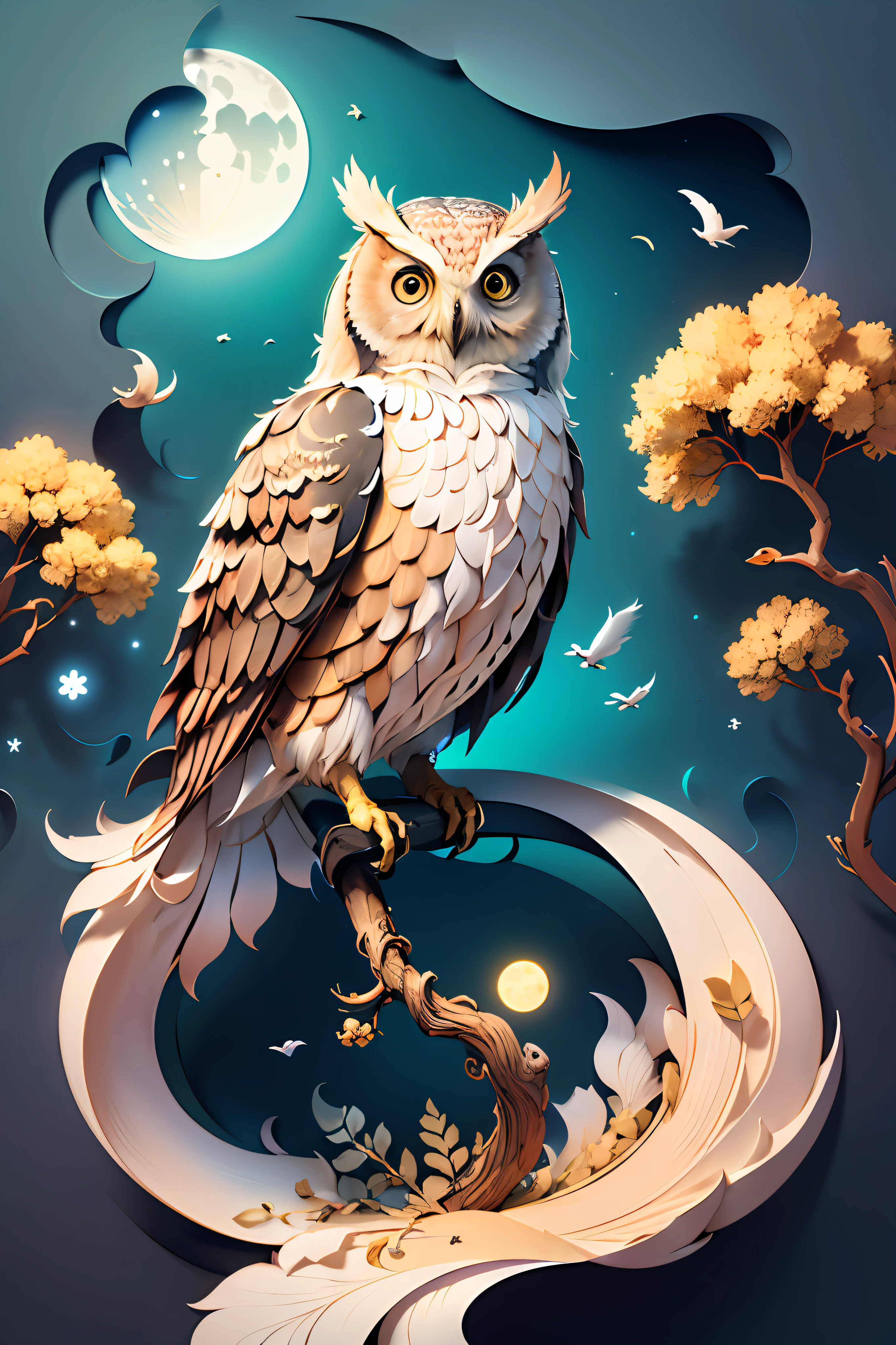 (((masterpiece))),bestquality,illustration,beautifuldetailedglow,
paper_cut,   owl, tree,moon,