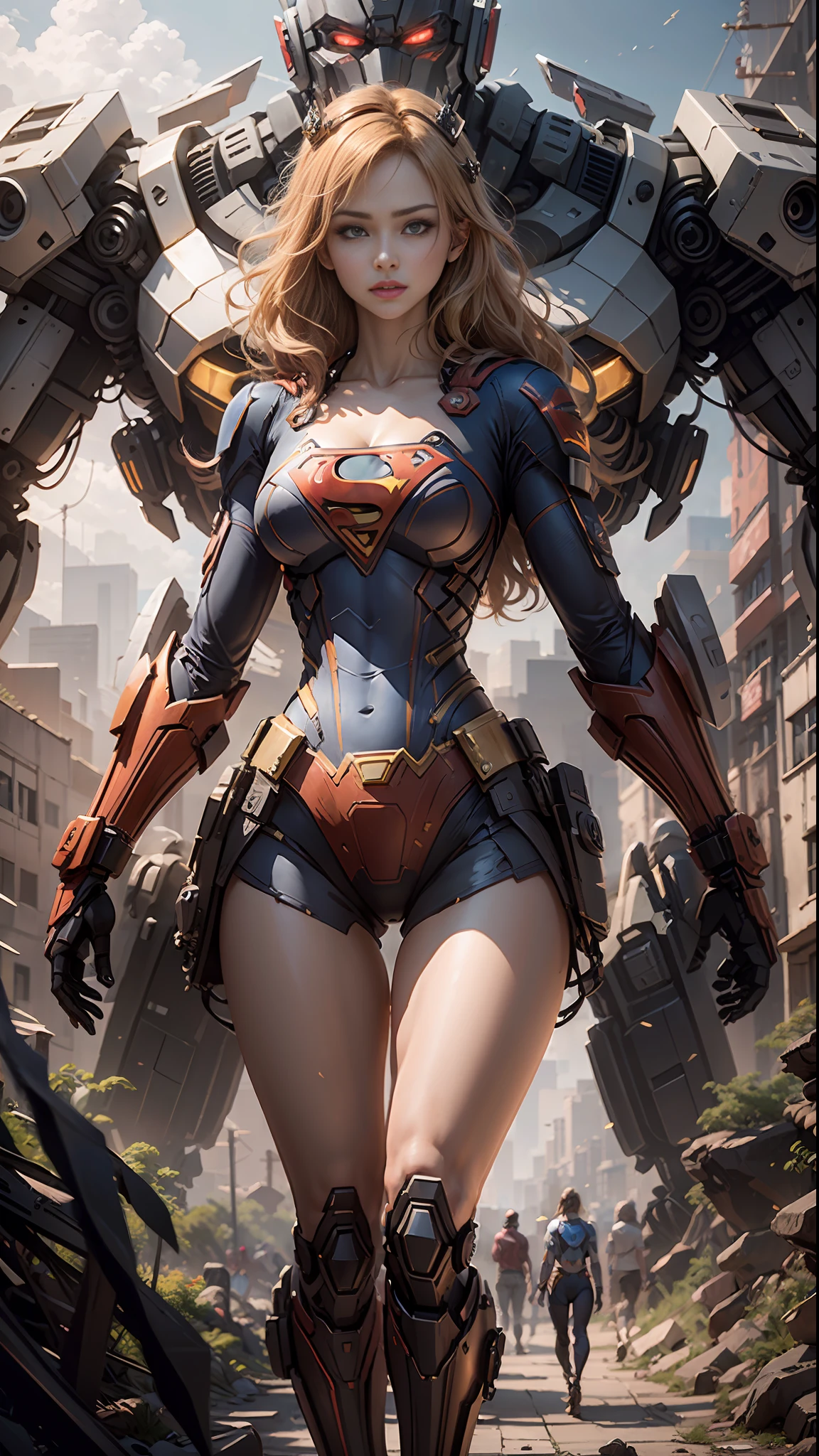 ((Best Quality)), ((Supergirl's Masterpiece)), (Very Detailed: 1.3), 3D, Shitu-mecha, Beautiful cyberpunk woman wearing crown with her ruined mecha of a forgotten war city, long blonde hair, blue eyes, superman S symbol on chest, sci-fi technology, HDR (High Dynamic Range), ray tracing, nvidia RTX, super resolution, unreal 5, subsurface scattering, PBR texture, post-processing,  anisotropic filtering, depth of field, maximum sharpness and sharpness, multi-layer texture, specular and albedo mapping, surface shading, accurate simulation of light-material interactions, perfect proportions, octane rendering, duotone lighting, low ISO, white balance, rule of thirds, wide aperture, 8K RAW, high-efficiency subpixels, subpixel convolution, light particles, light scattering, Tyndall effect